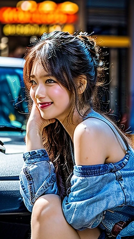 High resolution 8K,( highest quality), Super detailed, (masterpiece), 25 years old), (from whole body to toes:1.2),((side shot:1.1)),((sitting on the hood of a car)),((lace queen'colorful costumes)),(Pose with hair tied with both hands),(big breasts and big butt),(smile at the camera),( smile while looking at the camera ),(full body shot:1.1) ,((Side view:1.1)),(short ponytail),(Photoreal:1.1),((スポンサーにはOptimismのロゴが印刷されます.Optimism;grid girl costume..:1.3)), (ultra thin bikini), (look at me and smile)、