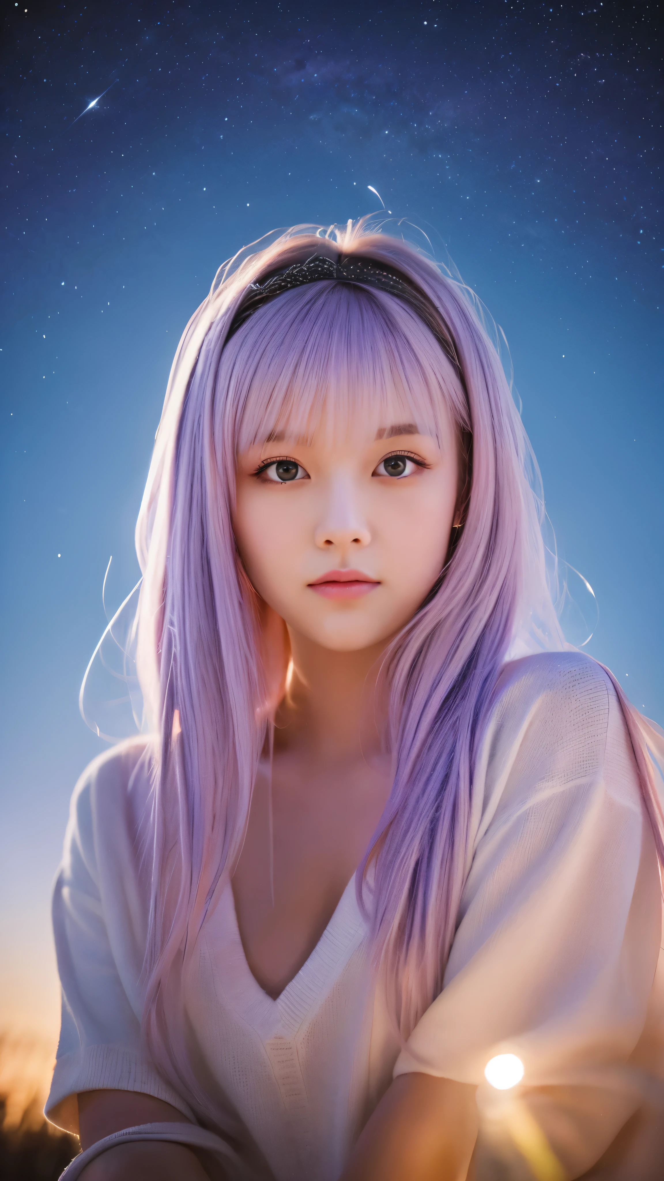 ((masterpiece、highest quality):1.3、 (negative space:1.4)、 one girl、solo:1.4、 Beautifully detailed eyes、 Pastel pink and lavender hair pops out、 Lavender eyes reflecting the stars、 night、under the starry sky、 Bright shining stars on background。