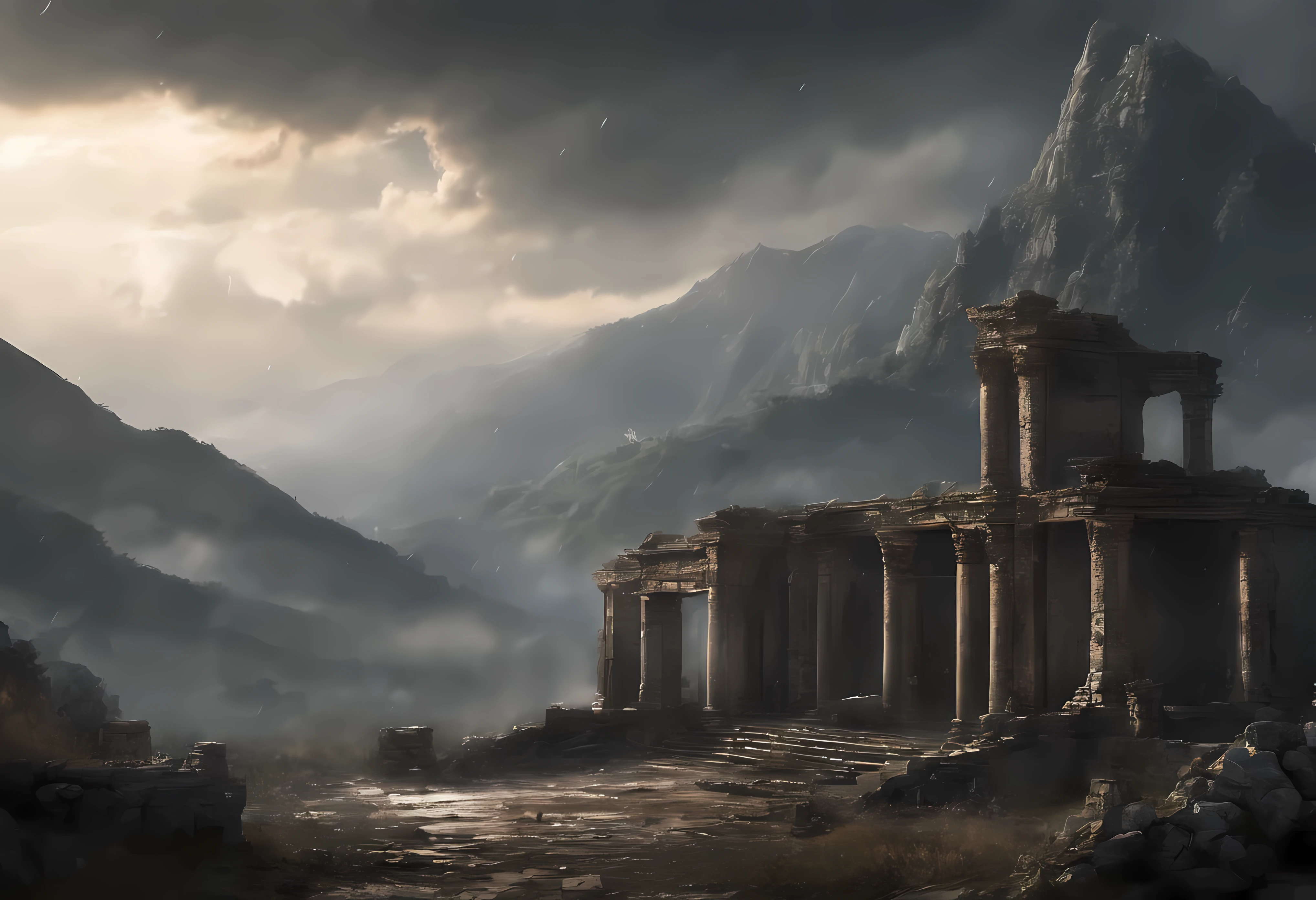 (masterpiece, detailed, highres, mountainous background, three suns, rain, heavily cloudy, ancient ruins, sad atmosphere, haze, depressing:1.6)