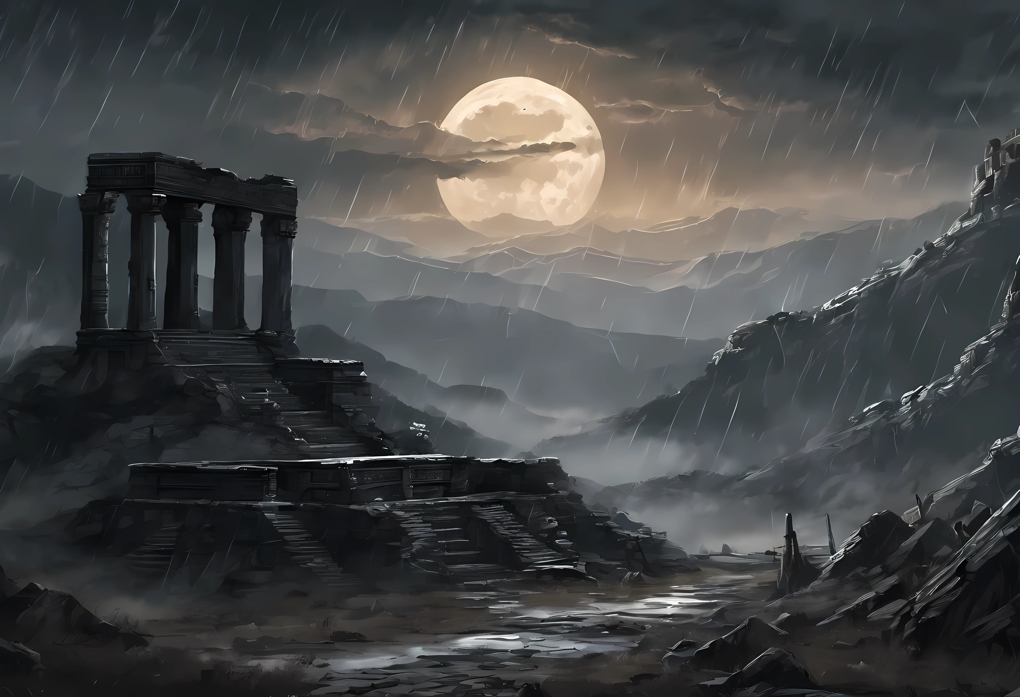 (masterpiece, detailed, highres, mountainous background, fractured moon, rain, heavily cloudy, ancient ruins:1.4), (sad atmosphere, haze, depressing:1.6)
