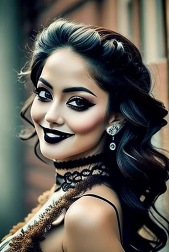 8k, artwork, Highest quality, Best quality, official art, Beautiful and Aesthetic, extremely detailed, (fractal art: 1.3), colorful, most detailed, torso, HDR, sensual, wide hips, thick figure,
(1 girl, face (beautiful, perfect, perfect, detailed, feminine, refined chin), long brown hair blowing in the wind, eyes (perfect, detailed, brown), big ass, thin waist, hips wider than shoulders, she wears traditional Japanese Shinobi costume, he is sensual, she is beautiful, she has makeup, she is tanned, she is medium chested, she is blushing, she wears blush, slim torso, e-girl makeup, blushing, sweaty, handsome, refined chin , brown eyes, cute, high socks, cute smile, goth, gothic makeup.