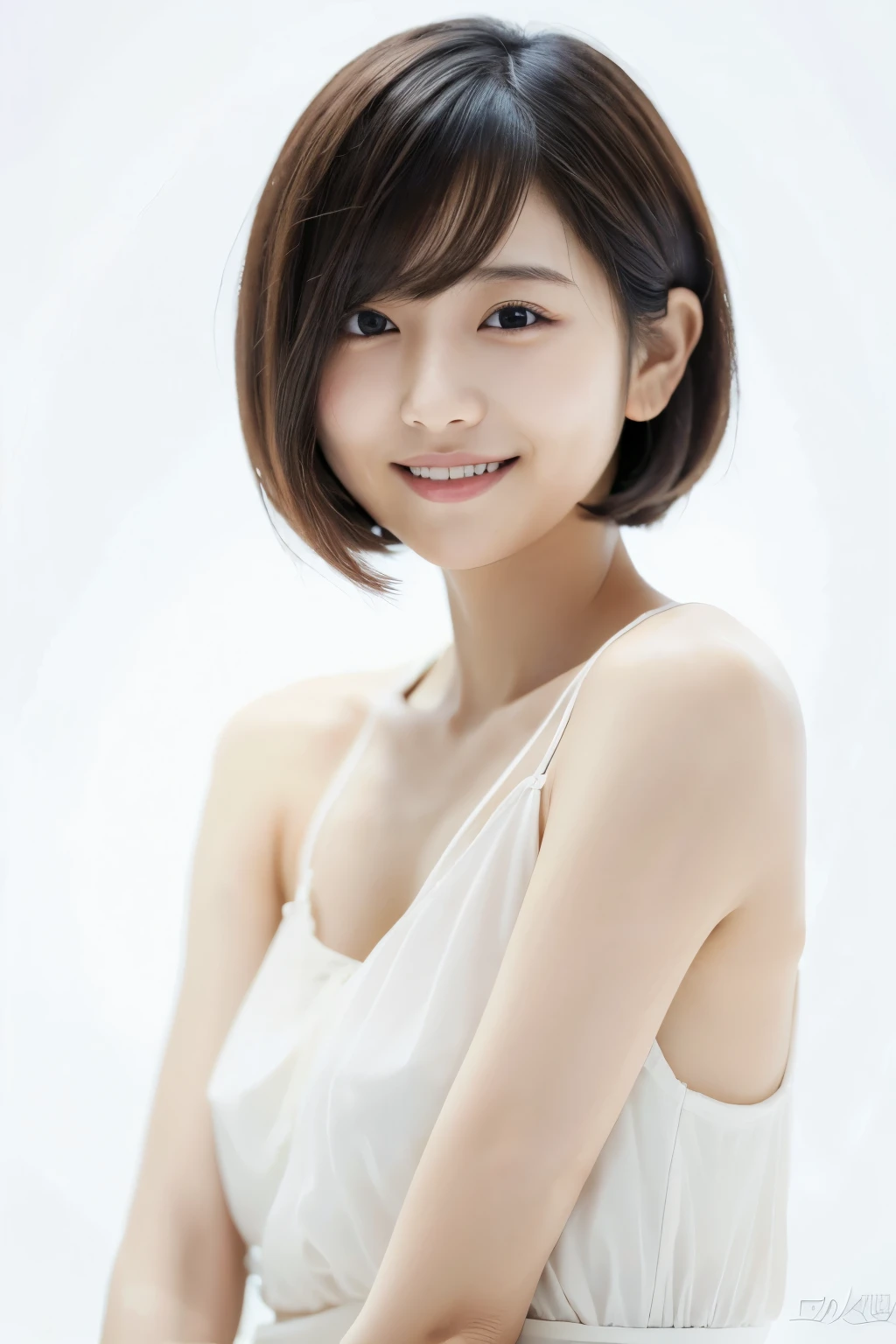 Young Japanese woman, 30s, white background, simple background, short bob hair, slender, 4K, 8K medium, high resolution, beautiful woman, beautiful eyes, simple, high resolution, alone, beautiful skin, beautiful skin, Smile, relax, use smartphone