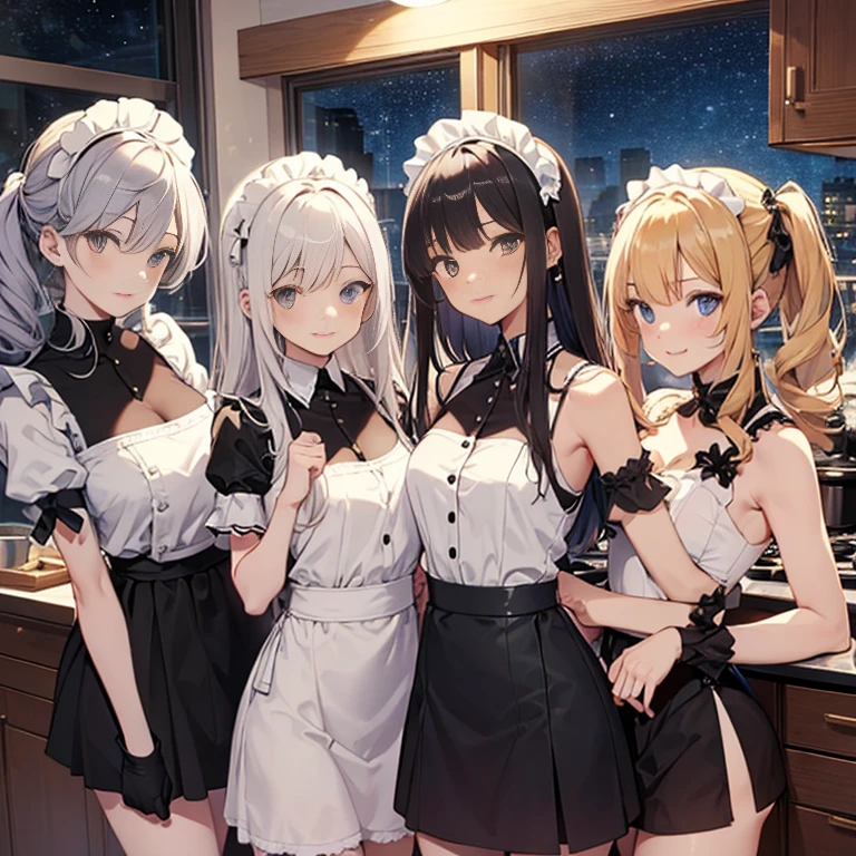 A group of maids, (in kitchen), various hair styles, harem, wearing maid uniform, night, details face, , short skirt, seducing, sleeveless , night, starry night, armpits 