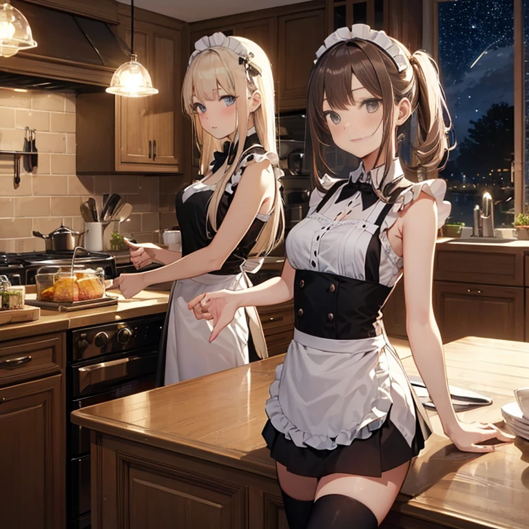 A group of maids, (in kitchen), various hair styles, harem, wearing maid uniform, night, details face, , short skirt, seducing, sleeveless , night, starry night 