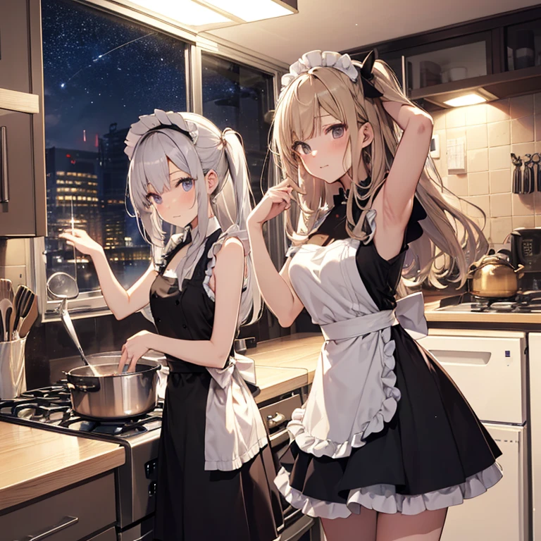 A group of maids, (in kitchen), various hair styles, harem, wearing maid uniform, night, details face, , short skirt, seducing, sleeveless , night, starry night, armpits 
