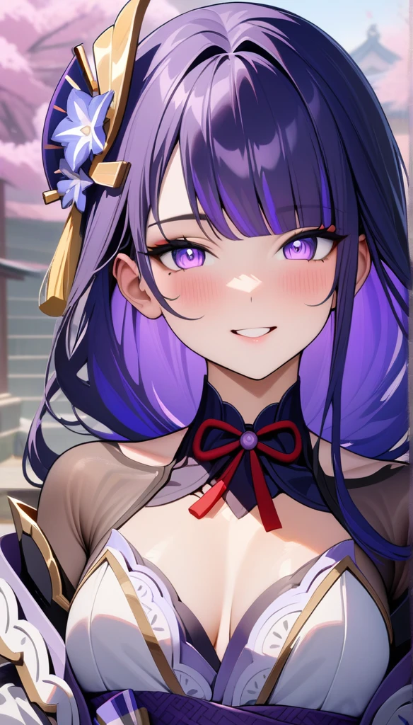 (best quality,4k,8k,highres,masterpiece:1.2),1 girl,purple hair,purple eyes, Detailed Eyes ,raiden Shogun from Genshin Impact, ultra-detailed, perfect face, magnificent eyes, Cheerful, smiling, digital art, surrounded by sakura tree, beautiful wedding dress,