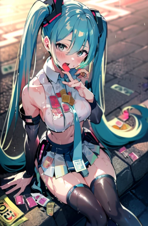 masterpiece, Great, Great, 1 girl, Blue eyes, shirt, pleated skirt, medium breasts, sort, (( wet, holding a condom in your hands, condom on the chest, sitting on the ground, money on earth)), open mouth, mouth full of cum, cushot, after sex,, fellatio gesture, cum, slave, slut, hatsune miku