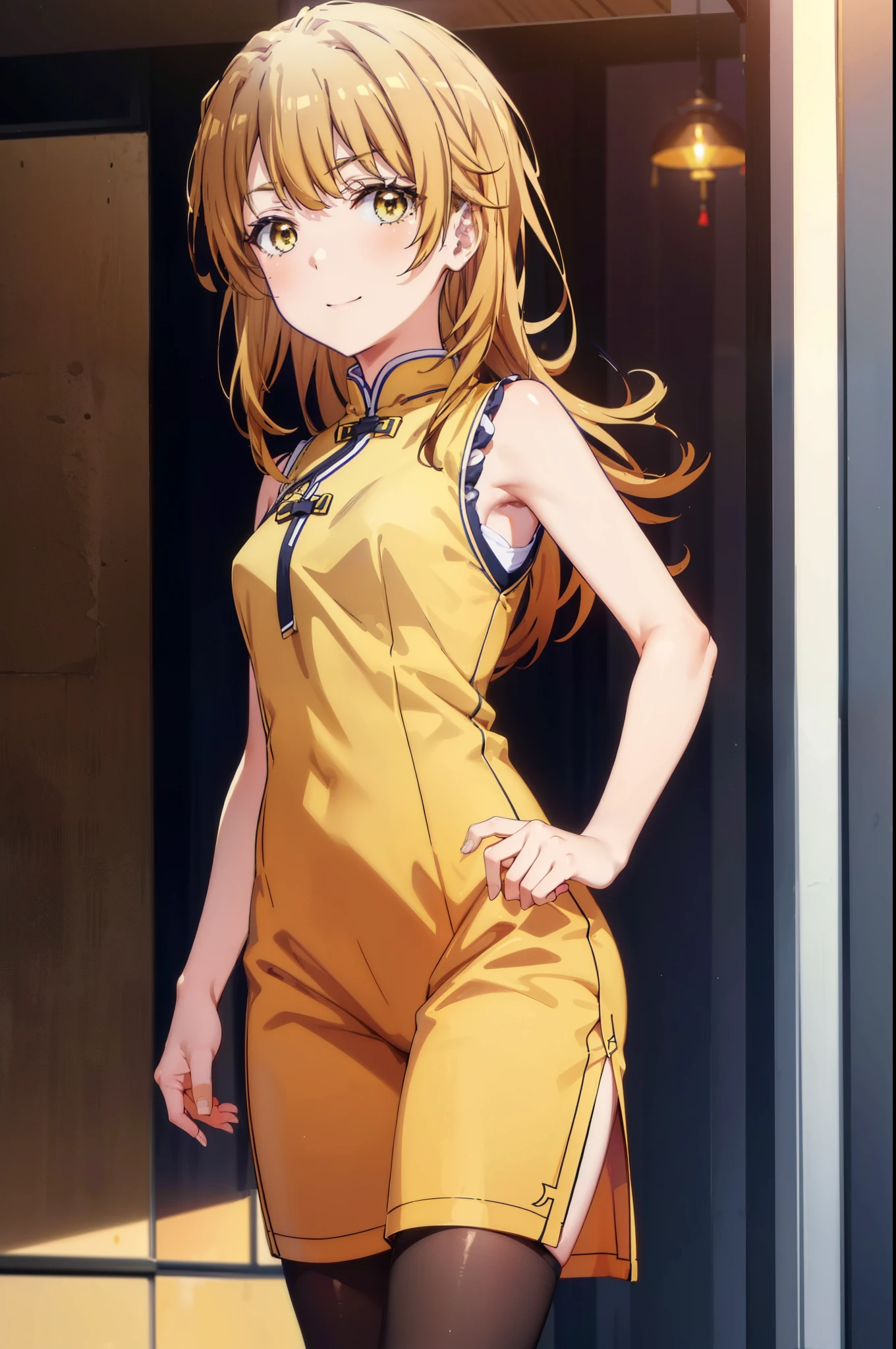 irohaisshiki, iroha isshiki, long hair,brown hair,,(brown eyes:1.5), happy smile, smile, open your mouth,bare arms,yellow cheongsam clothes,Yellow long slit,black pantyhose,stiletto heels,whole bodyがイラストに入るように,
break indoors, Chinese Restaurant,
break looking at viewer,whole body,(cowboy shot:1.5),
break (masterpiece:1.2), highest quality, High resolution, unity 8k wallpaper, (shape:0.8), (fine and beautiful eyes:1.6), highly detailed face, perfect lighting, Very detailed CG, (perfect hands, perfect anatomy),