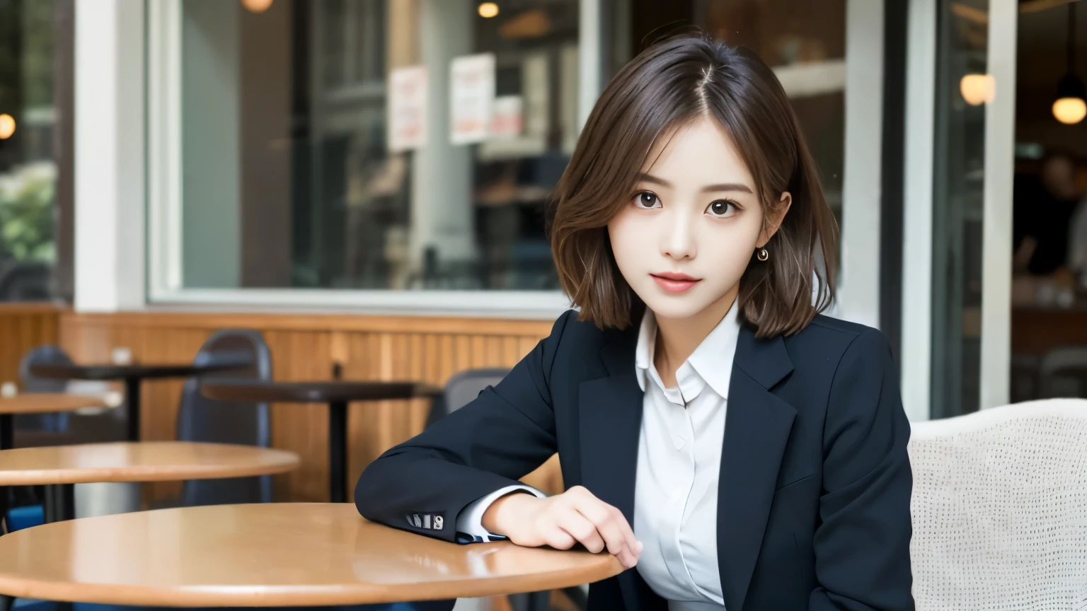 8K, highest quality, real image, intricate details, Super detailed, ultra high resolution, depth field,(realistic,realistic:1.2),table top , front shot , Photographed at a stylish cafe , girl, とても美しい17歳のgirl, innocent big eyes,、highly detailed eyes:1.2)、bangedium short hair, perfect skin, Fair skin, tight waist, light blush, look at the viewer,((School_uniform),(blazer), (white shirt、wear a tie), (gray pleated skirt), (sculpture installation :1.1), urban cafe space, Customers enjoying cafe around