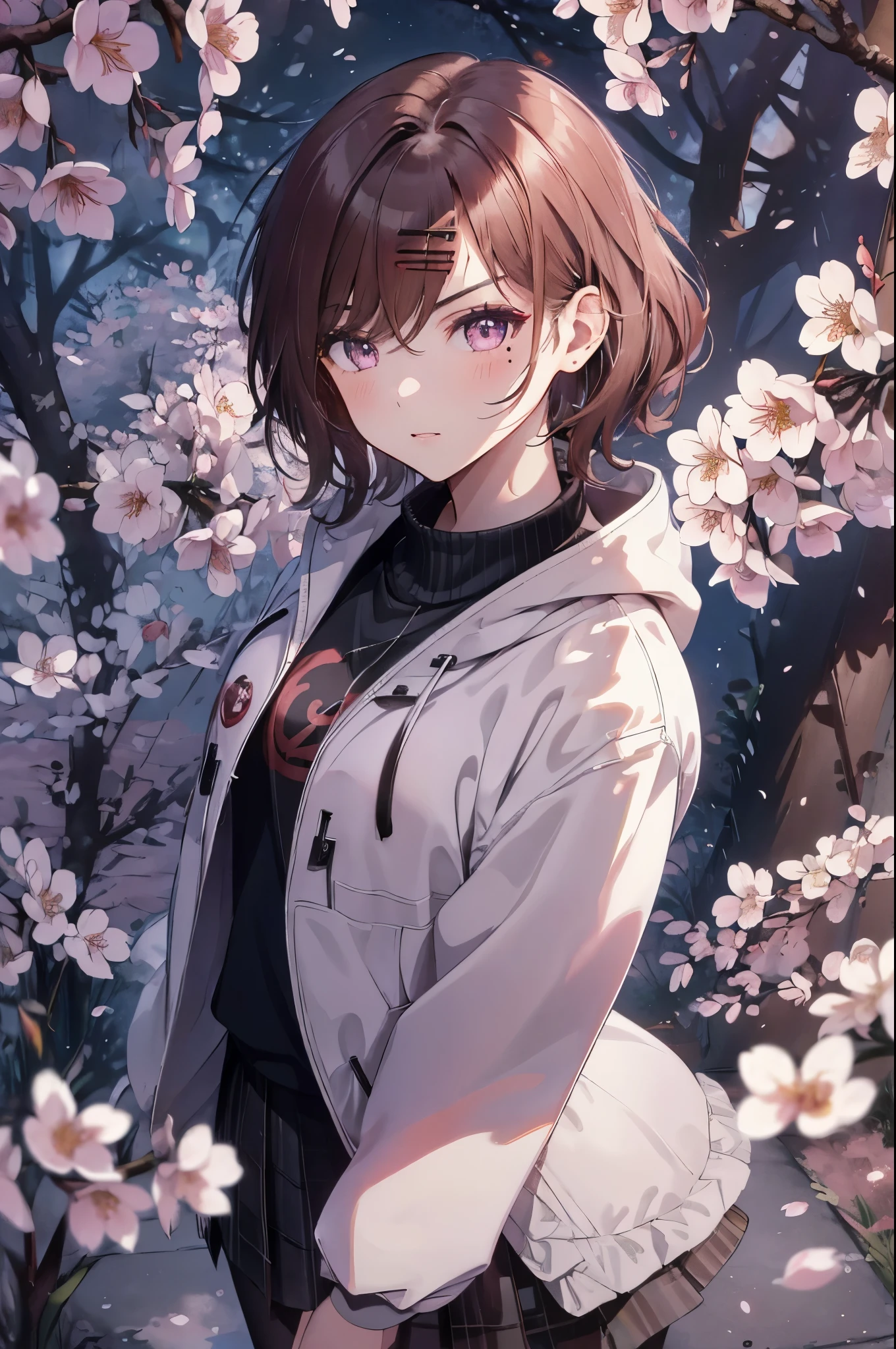 (best image quality, masterpiece:1.2), (super detail drawing),from behind, from above、(face focus:1.3), A kaleidoscope of vibrant blossoms and enchanting cherry trees々surrounded by、A girl stands in a breathtaking city landscape。(Walking through the cherry blossom district:1.2),(sky scraper:0.6) ,The starry sky above is illuminated with mysterious colorful lights, Create a fantastic atmosphere, BREAK　①Quality：(1girl:1.3),(Perfect hands:1.3),(Perfect Anatomy:1.3), (master piece:1.3),(best quality:1.3), detailed,8k ②th：high resolution,beautiful detailed eyes, cute eyes, sparkling pupils, Intricate Iris Details, Captivating Eye Reflections, Sparkling Highlights in the Eyes, Depth and Dimension in the Pupils, Subtle Color Variations in the Iris, Meticulous Eyelash Details, detailed eyes, ③Lighting：Best Illumination, Part ④⑤: ultra-detailed face,detailed skin, ⑥Body shape：(slender body type:1.3), Seven heads, small head, ⑦Skin: ⑧Expression：(blush:1.1), looking back, waiting for a kiss, ⑨Style: BREAK 10. Subject：aamadoka,(mole under eye:0.8),short hair,bangs,hairclip,black sweater,hood,long sleeves,collared shirt,plaid skirt,grey skirt,(black pantyhose:1.4), thighband pantyhose,loafers,brown footwear, short hair、bangs、Hair clip ⑪Hair: shiny hair, floating hair, short hair, brown hair, mole under eye, mole, hair ornament, hairclip, BREAK ⑫Environment： ⑬Composition： ⑭Costume : piercing,　(wrinkles between eyebrows:1.3)、