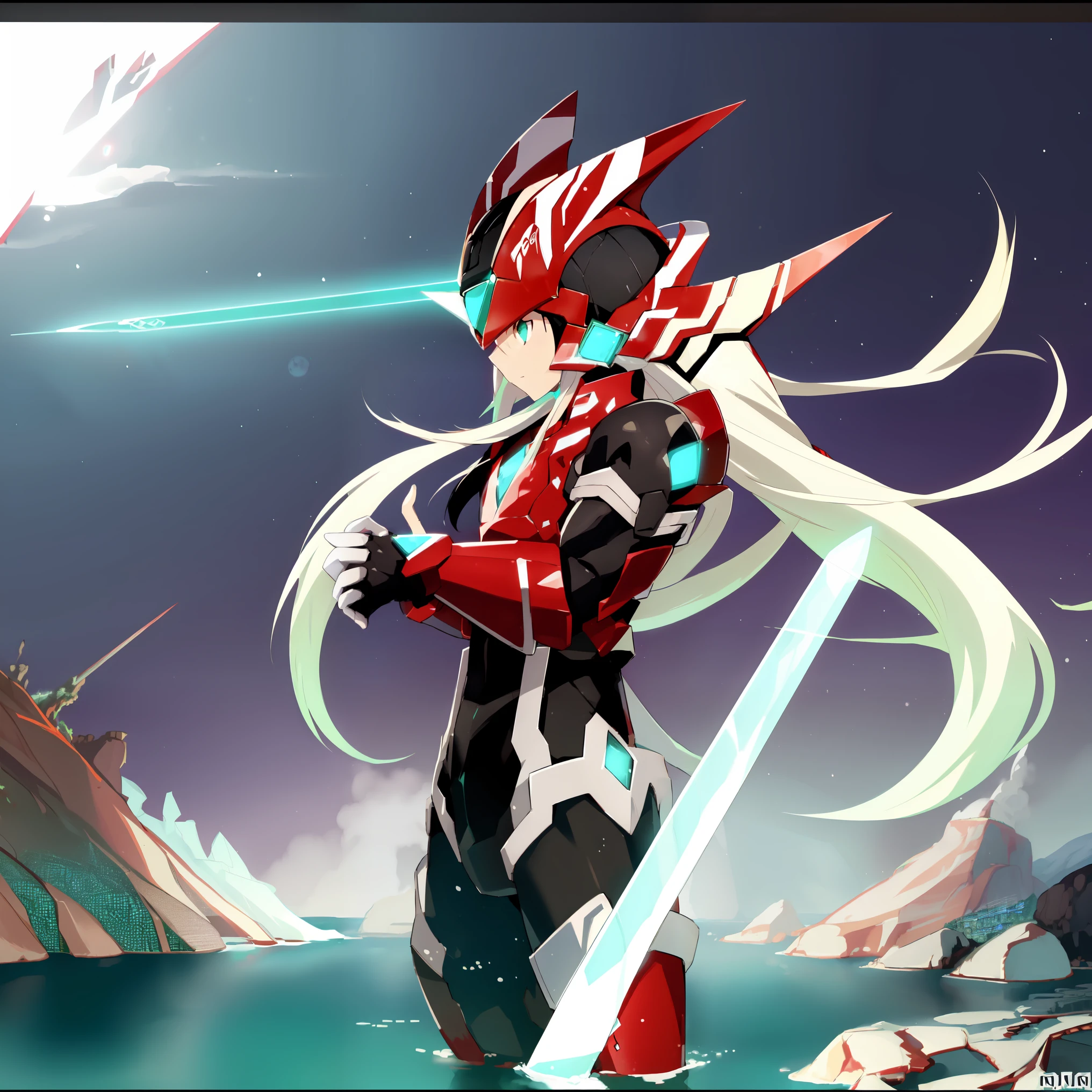 megzeromyth2023, 1boy, long white hair, red armor, green energy sword, high quality, masterpiece, surrounded by water and a small moon, in the style of vivid energy explosions, anime art, dark palette, sharp and angular, dragon art, 8k, whirring contrivances