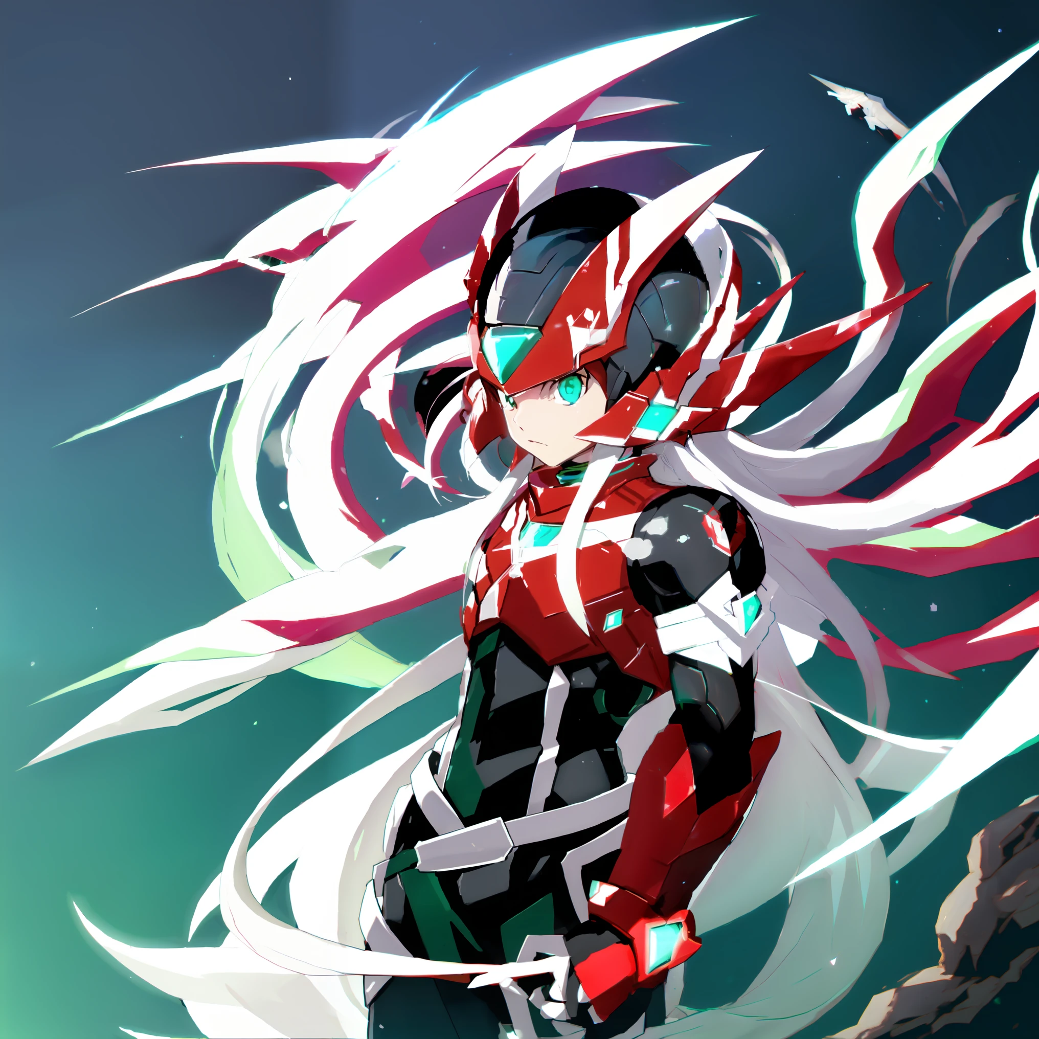 megzeromyth2023, 1boy, long white hair, red armor, green energy sword, high quality, masterpiece, surrounded by water and a small moon, in the style of vivid energy explosions, anime art, dark palette, sharp and angular, dragon art, 8k, whirring contrivances