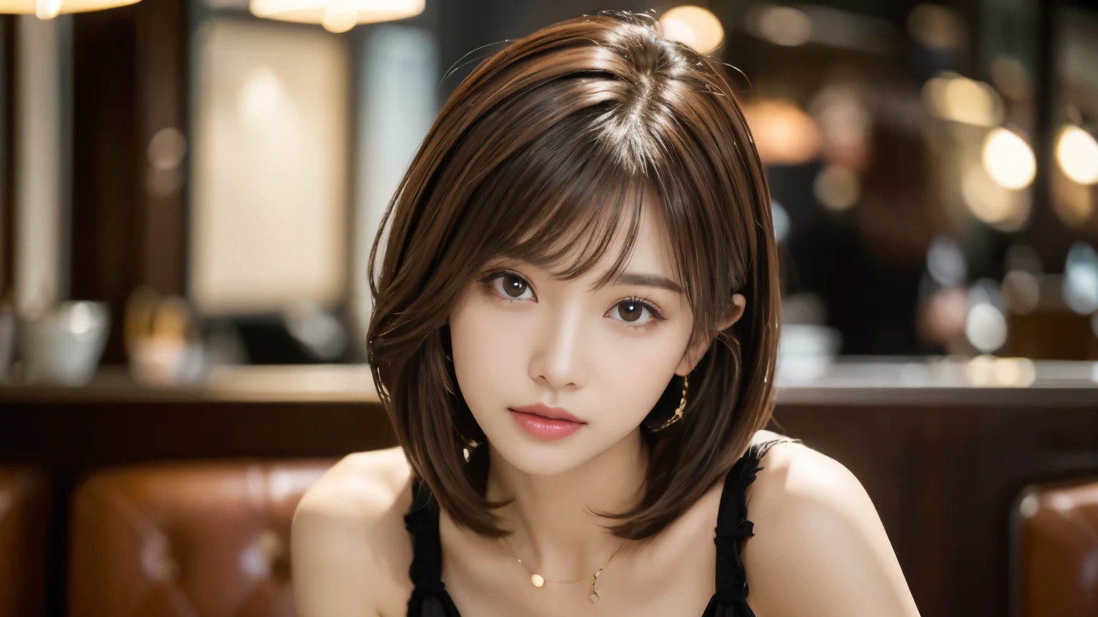 (masterpiece, super detailed, very detailed, exquisite, 16k, disorganized), woman, 19 years old, glamorous, (Suppin breeze:1.4), looking at the viewer, short hair, messy hair, diagonal bangs, brown hair, brown eyes, Upper body, cinematic lighting, Blurry background in focus, Inside a stylish cafe, Urban Cafe