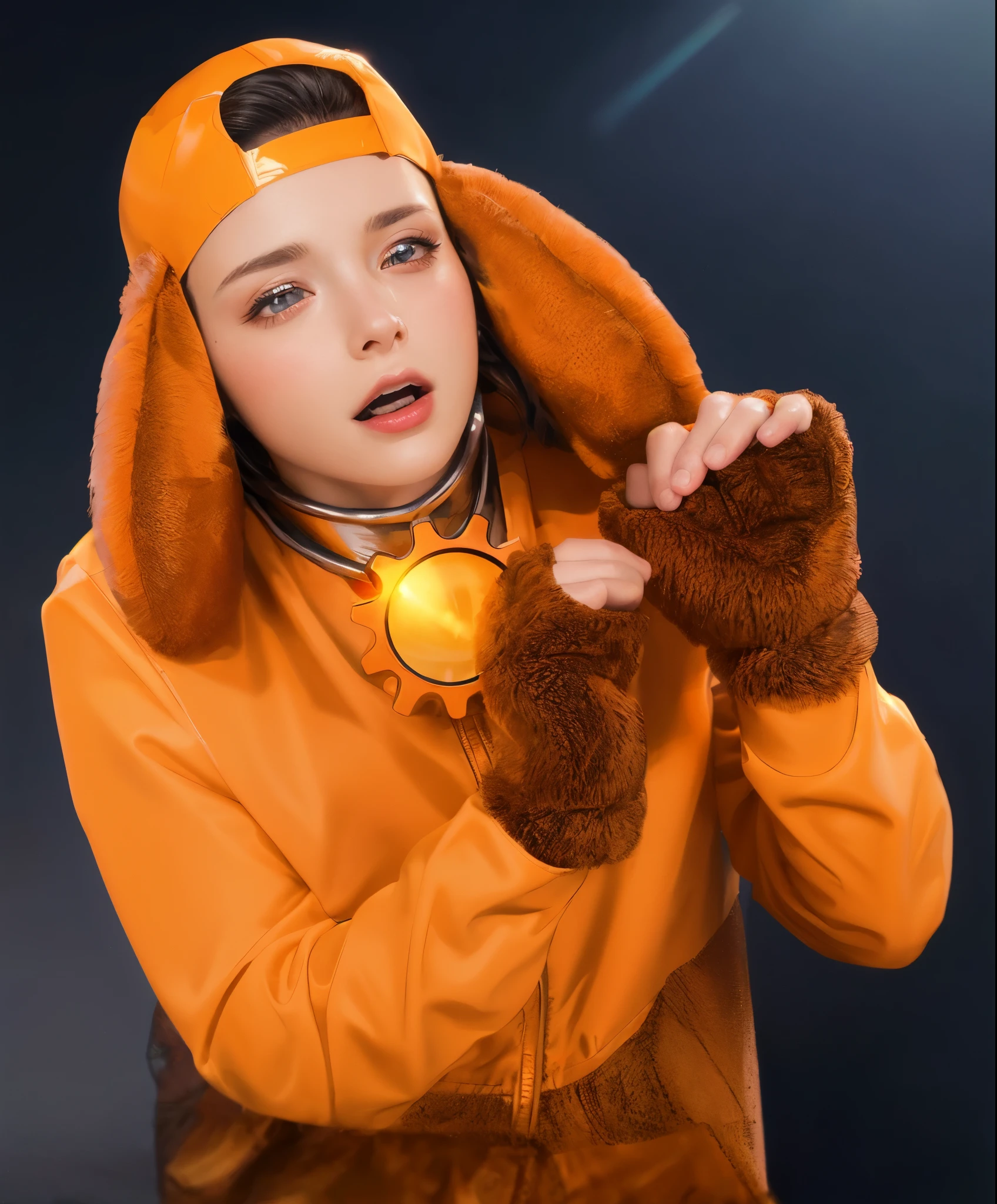 boy in a costume with a hat and gloves on, sad man puts on a bear mask, hat with dog ears, man dressed as a dog, furry character, orange metal ears, slavic man, the man is screaming and sad, orange and yellow costume, orange fur, furry character portrait, purple metal ears, cosplay photo, glossy texture, smooth 3d model, multiple light sources, rim light, sharp post effects render, (glossy plastic texture with multiple big light probe refractions), perfect cgi, smooth silhouette, high intensity refraction, (super glossy material), most beautiful vfx, blue background, plastic refractions, realistic, 4k, high resolution, rim light, photo shoot, commercial photo, profile shot, 4k, rim light, high resolution, 4k, glossy texture, smooth 3d model, multiple light sources, rim light, sharp post effects render, (glossy metallic texture with multiple big light probe refractions), perfect cgi, cgi art created only with gradients, smooth silhouette, high intensity refraction, (super glossy chrome material), most beautiful vfx, blue background, chrome metal refractions, multiple light sources, rim light, sharp post effects render, perfect cgi, digital art, detailed digital art, reflective, best quality, 4k, masterpiece:1.2, ultra-detailed, realistic, vivid colors, dark and moody lighting, The image of the highest quality, ensuring every detail showcased perfectly. It in 4k resolution, allowing viewers to immerse themselves in the richness of the colors and intricate details. The realistic rendering. under the spotlight, reflecting, high-resolution image, realistic rendering, dark background, and rim light photorealistic
