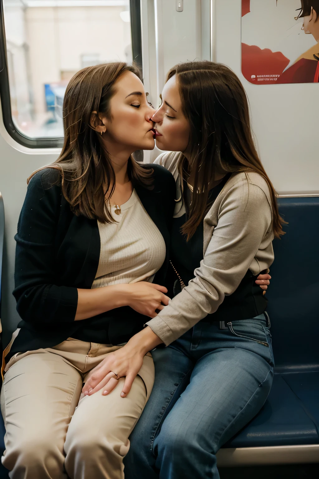 Mature woman hugging and kissing young girl on the train,her hand in girl's pants.