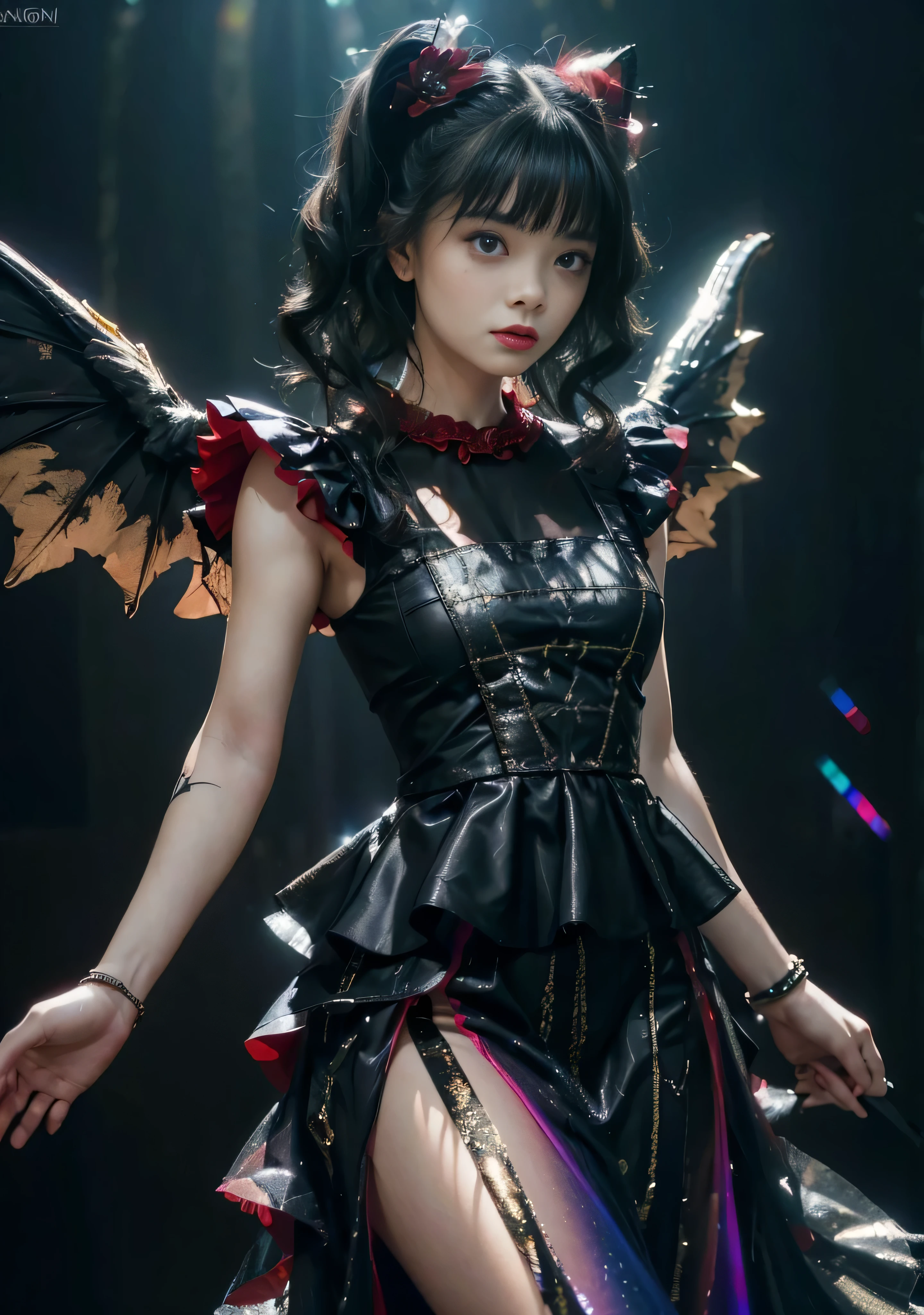 a girl in black and red dress, from below, finest image, (8k, RAW photo, realistic), beautiful devil queen, condescending gaze, blue shining sharp slit eyes, long eyelashes, double eyelids, crimson alluring moist big thick lips, (((long dress))) perfect proportion, ((iridescent big rainbow-colored wings)), has a fireball, black lace robe, black body painting suit and gold tattoos, blurry background fantasy, galaxy, iridescent light particleire-element-in hands:1.4) iridescent lines, rainbow-colored neon lights, detailed and delicate depiction, professional lighting, ultra high res,photorealistic:.1.4,uhd, (perfect_fingers:1.0), (perfect_legs:1.0), better_hands, More_Detail, yui