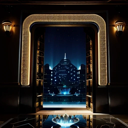 Incredible black luxury futuristic interior,style,There are many ((Lush plants)) (lotus), ((Palm trees)), stone wall, (sand), (waterfalls), (marble), ((Precious minerals)), ((Metal)), (gem), crystal, nuvens e ((water)), futuristic luxury furniture, Crocodile, (egyptian hieroglyphs), (((Ultra luxury))), (black marble) - and ((beautiful lights)), Unreal Engine, headquarters, 16K