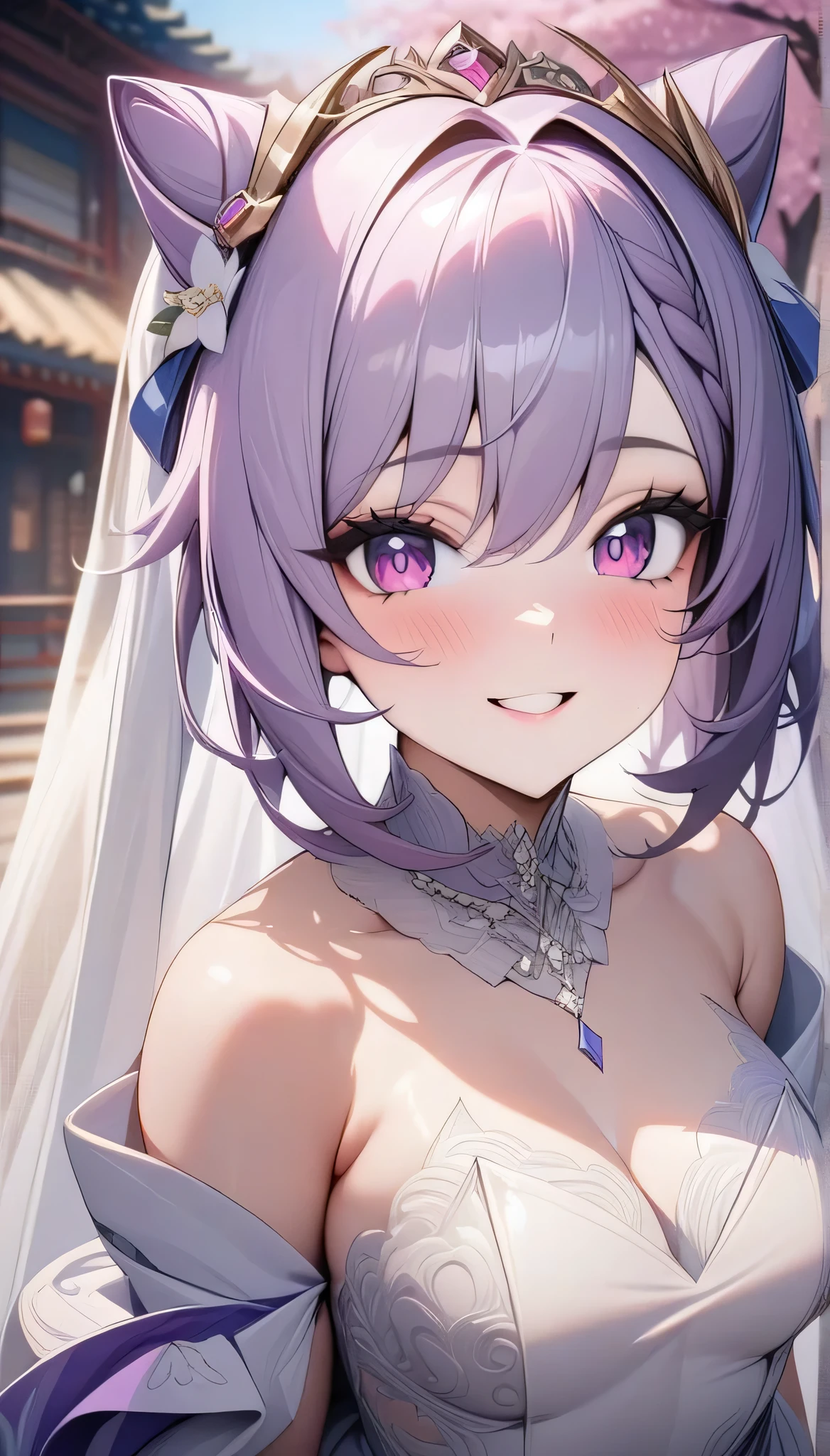 (best quality,4k,8k,highres,masterpiece:1.2),1 girl,purple hair,purple eyes, Detailed Eyes, Cat Ear, Keqing from Genshin Impact, ultra-detailed, perfect face, magnificent eyes, Cheerful, smiling, digital art, surrounded by sakura tree, beautiful wedding dress,