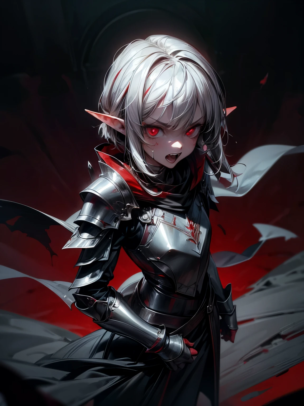 ((Best Quality, 8K, Masterpiece)), ((1woman, ite)), blood on face, flat color, limited palette, Perfectly Cute Girl, Delicate and smooth skin, Realistic skin, Perfect Beautiful Face, Perfect and Cute Face, (POV POV, View from above), short messy white hair, elf ears, sharp fangs, angry, open mouth, shouting, glowing eyes, assassin's metallic armor, cowl, black shawl, fully clothed, dark aura, dynamic pose, fighting stance, black and red, two tone, dark hue, red hue, high contrast, dark lighting