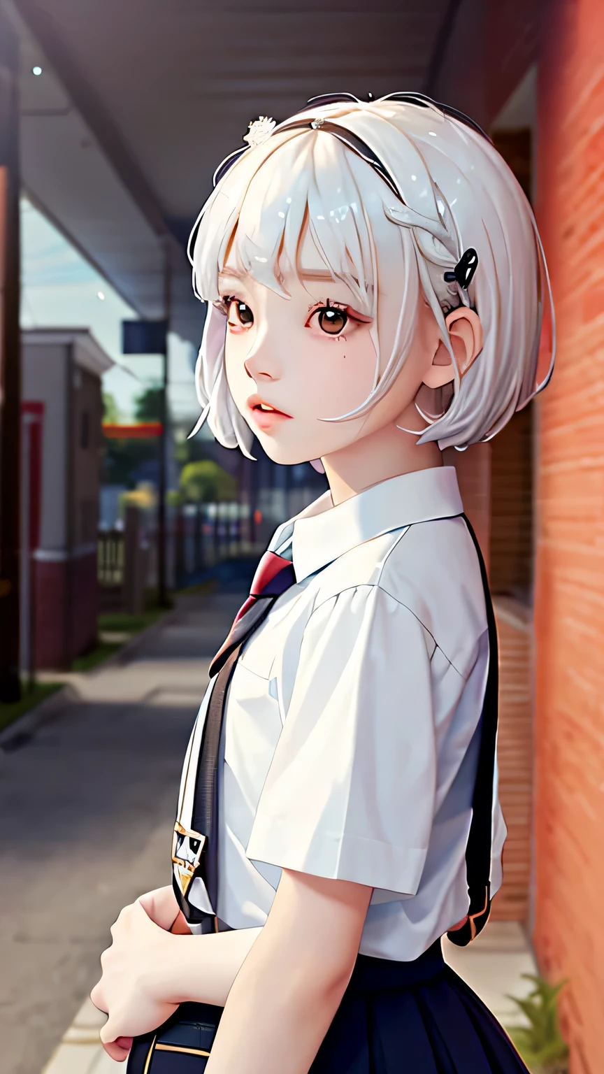 short hair,original,(figure:1.1),(highest quality),(masterpiece:1.1),(School:1.25),(Highly detailed CG Unity 8K wallpaper:1.1),
1 girl, White Hime Cut Hair、flat bangs, Stunning innocent symmetrical face, school suspender skirt, Emotional, Ulzzang, (Pueros face_V1:0.7)