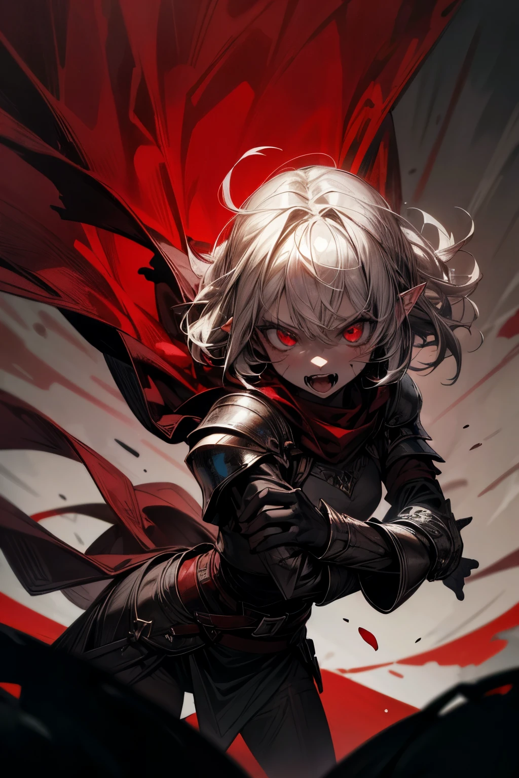 ((Best Quality, 8K, Masterpiece)), ((1woman, petite)), blood on face, flat color, limited palette, Perfectly Cute Girl, Delicate and smooth skin, Realistic skin, Perfect Beautiful Face, Perfect and Cute Face, (POV POV, View from above), short messy white hair, elf ears, sharp fangs, angry, open mouth, shouting, glowing eyes, assassin's metallic armor, cowl, black shawl, fully clothed, dark aura, dynamic pose, fighting stance, black and red, two tone, dark hue, red hue, high contrast, dark lighting