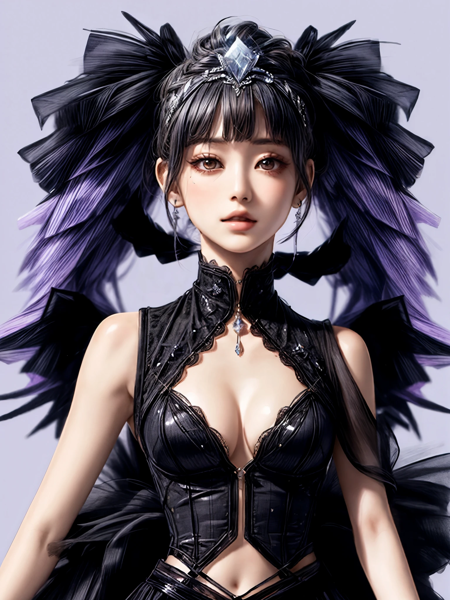 masterpiece, best quality, mackerel, 1 Girl wearing Swarovski-style detailed black outfit,crystal, black crystal hair band, young clique fashion, Purple Theme, Excellent head to shoulder ratio, clean background, whole body,