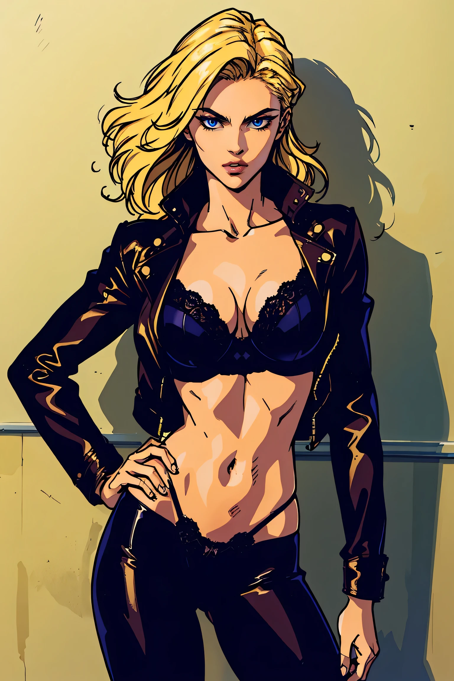 ((Masterpiece)), ((best quality)), very detailed, Detailed background, 1 woman, messy blonde hair , sly face , Slim-fit leather jacket , abdomen, big breasts , underwear , Put your hands on your hips. , wall