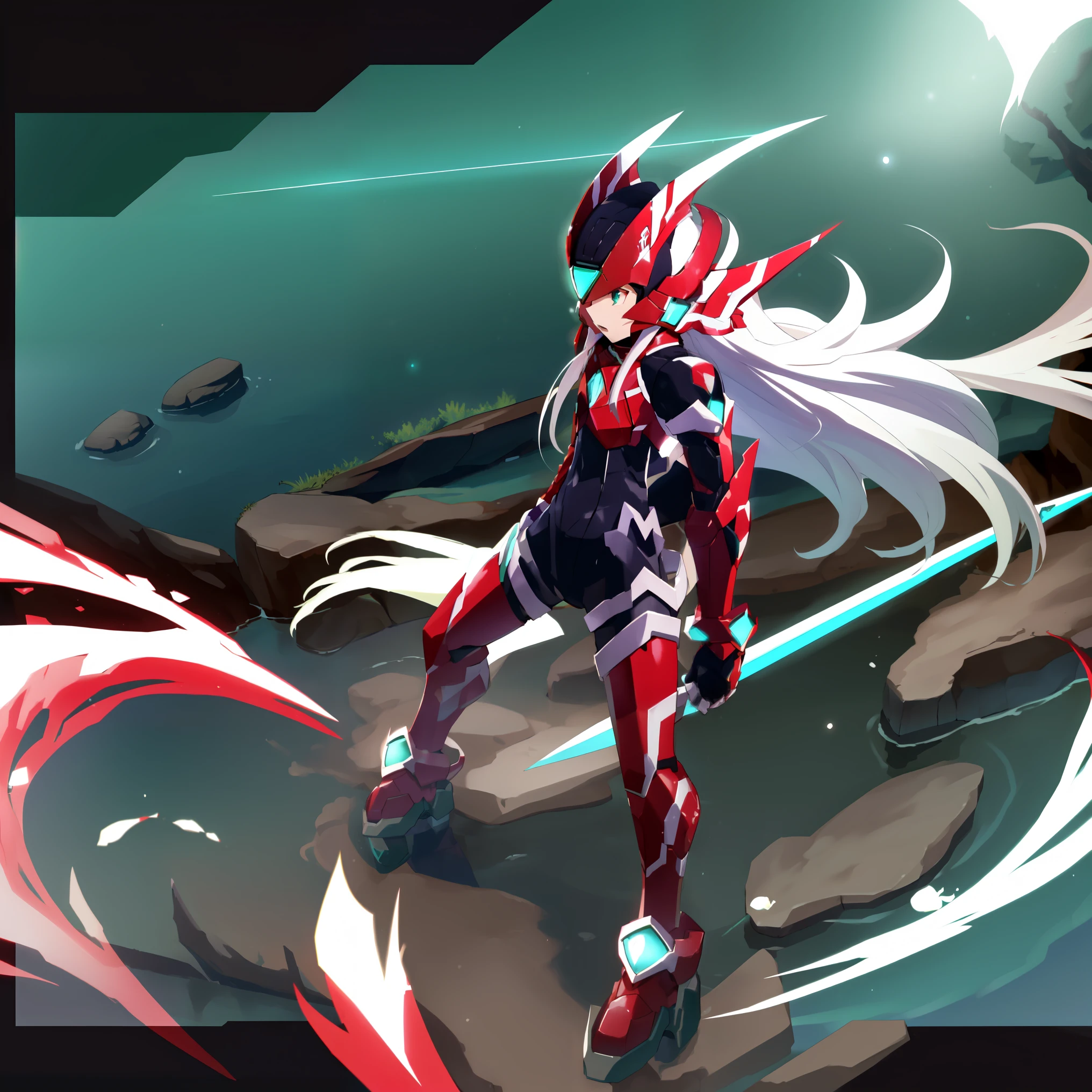 megzeromyth2023, 1boy, long white hair, red armor, green energy sword, high quality, masterpiece, surrounded by water and a small moon, in the style of vivid energy explosions, anime art, dark palette, sharp and angular, dragon art, 8k, whirring contrivances