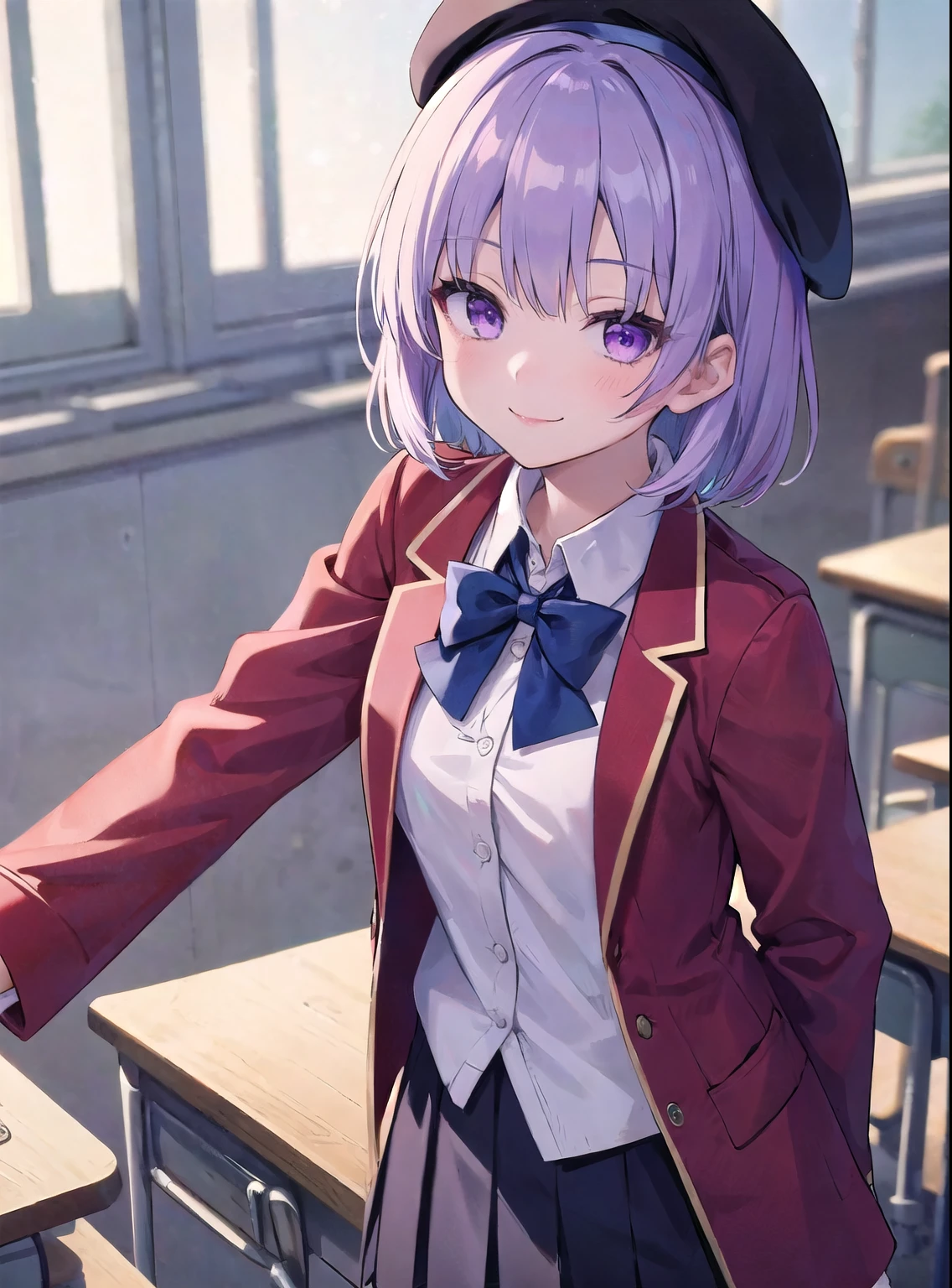 Masterpiece, hd, 1girl, light purple hair, medium hair, purple eyes, wear black head beret, ayanokoji, uNIform, red blazer,closed jacket,  white collared shirt, blue bowtie, standing, indoor, smile, classroom