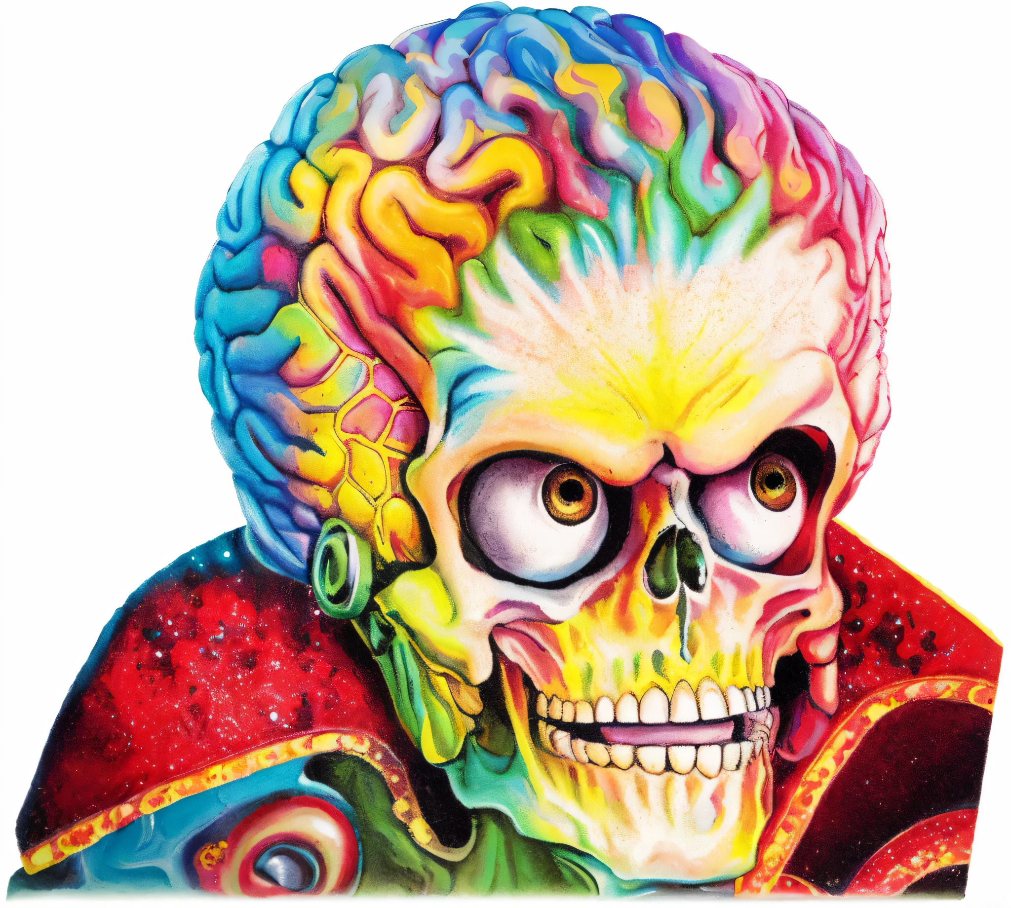 Skull with brain and human head, mars attack, Nijos art aesthetic, Nijos and arcimboldo, when mars attack, Nijos, Psychedelic cosmic horror, Psychedelic illustration, 4k horror color art, Inspired by Kelly Fleiss, shamanic horror ??? art, Chris Dale, Colorful film art, fantasy skull, Cosmic horror illustration