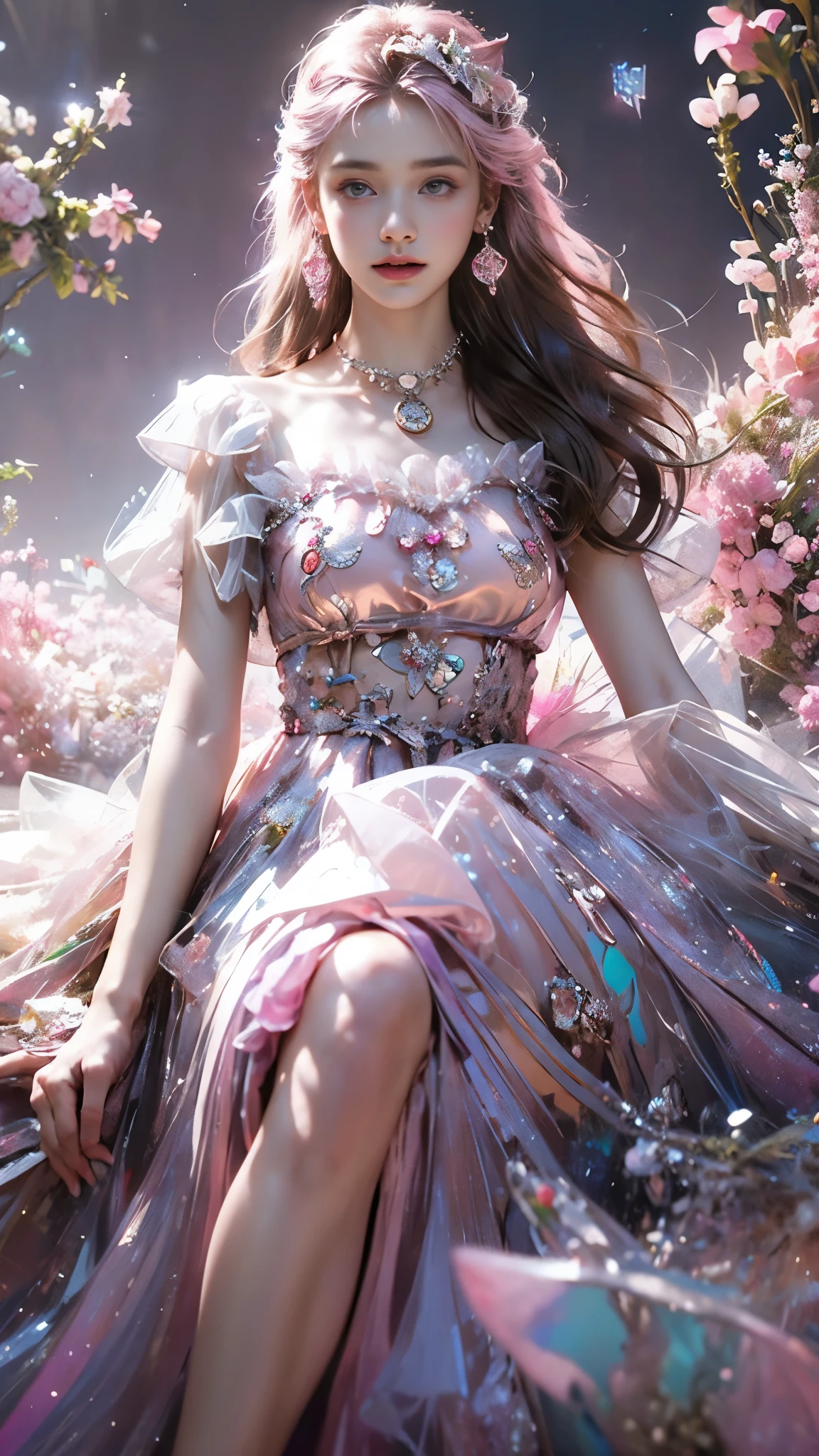 8K, ultra hd, masterpiece, 1 girl, (good face:1.4), detailed eyes, very long hair, impressive hairstyle, earings, necklace, small breasts, (pink dress:1.5), see-through, (fantasy dress:1.5) Light-colored foundation brings out the transparency of the skin, (in the wonderland:1.5), mystery, diwali lights, glowing lights, very decoration, The lights falls like water, perfect front body, sitting,