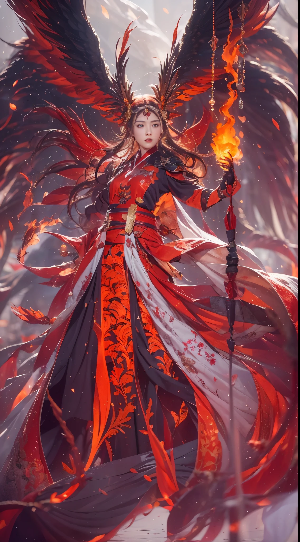(full body portrait), (close up) ,1 girl,korean girl, 17 years old, Fire mage wearing fiery red clothes(Chinese Hanfu),The robe is embroidered with intricate runes,Decorated with a burning scent。He was tall and strong,Raise your hand,Powerful fire spells are being unleashed, His eyes are firm and sharp,A fire flashed in the flame mage's eyes,(A huge flaming phoenix spreads its wings and flies:1.2),(Phoenix feathers burn with blazing flames), it sparkles,Its body is surrounded by flame feathers,Dancing,Forming a spectacular flame hexagonal star array pattern,Full of mysterious magic,The whole scene is full of fiery aura and passion for fighting,Large fire spells bloom in the air,A brilliant arc of flames and splashing sparks form,(Fire Mage and Phoenix),Look majestic and mysterious in the raging fire,Like the embodiment of fire and magic,Red hair,high detail,Surrealism,realism,((Half-length photo)),(real picture:1.4),(chiaroscuro),movie lighting,Realistic special effects,Render by Octane,Ray tracing,panoramic,perspective,textured skin,Ultra-detailed,ultra high definition,masterpiece,anatomically correct,best quality,high resolution,8K