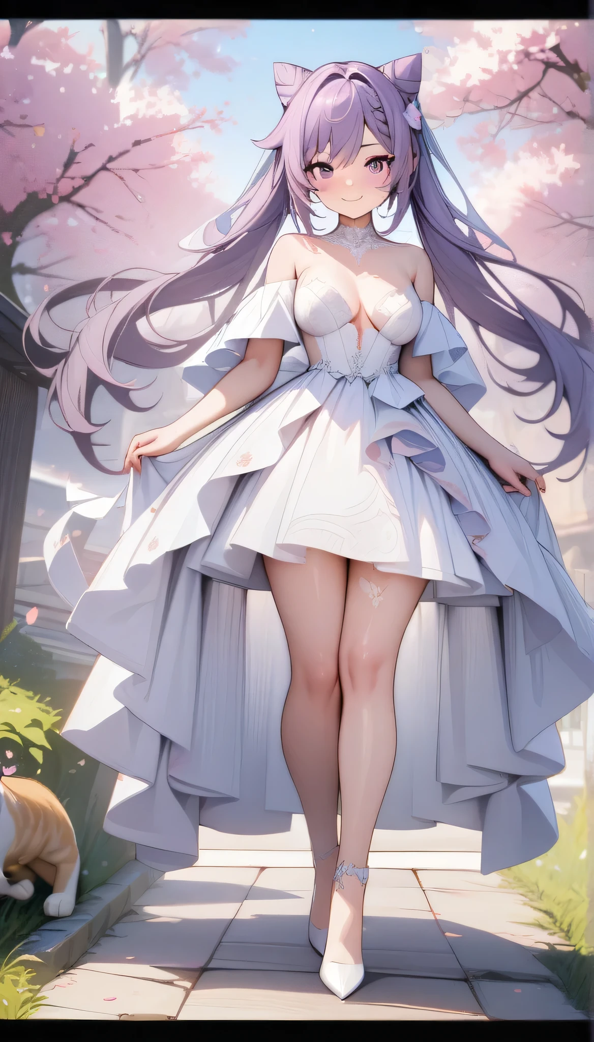 (best quality,4k,8k,highres,masterpiece:1.2),1 girl,purple hair,purple eyes, Detailed Eyes, Cat Ear, Keqing from Genshin Impact, ultra-detailed, perfect face, magnificent eyes, Cheerful, smiling, digital art, surrounded by sakura tree, beautiful wedding dress,, full body picture.