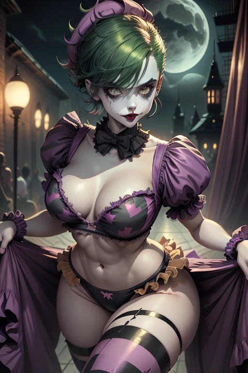 The full body image shows a Female Joker, clown face paint, wearing cropped black clown shirt, puffy sleeves, puffy crewneck, stomach navel exposed, large breasts, small waist, wide hips, thick legs, black panties, collarbone, clown 🤡, sexy body, it, night circus background, shiny skin, highest detailed, detailed clothes, only black color, detailed body, detailed face, posing in a sexy manner