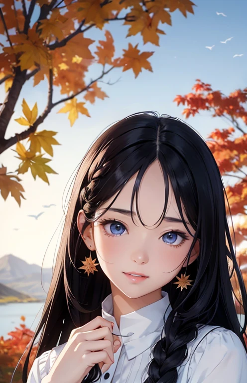 masterpiece、highest quality、High resolution、high quality images、8K, 1 female、skin luster、Texture of skin and clothing、Expression of fine eyes、glossy black hair,Girl with long braided hair, Manga inspired by Lee Jong-suk, trending on deviantart, realism, detailed manga style, manga art style, perfect line drawing, beautiful line drawing, digital manga art girl, K-POPアイドル, dress, beautiful blue eyes, plump lips, detailed gorgeous face, (cute smile), charm, innocent, Side view, (perfectly detailed face), (fine hands) photorealistic images, Depth of written boundary, Princess Hairstyles, autumn leaves, one piece,autumn leaves，美しいautumn leaves，romanticism,