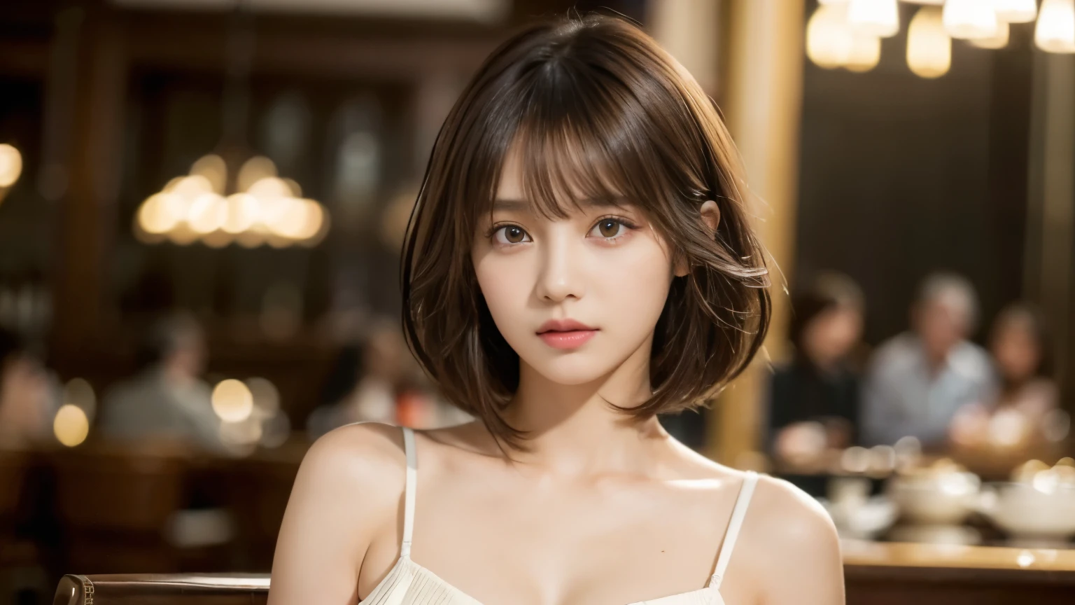 (masterpiece, super detailed, very detailed, exquisite, 16k, disorganized), woman, 19 years old, glamorous, (Suppin breeze:1.4), looking at the viewer, short hair, messy hair, diagonal bangs, brown hair, brown eyes, Upper body, cinematic lighting, Blurry background in focus, Inside a stylish cafe, Urban Cafe