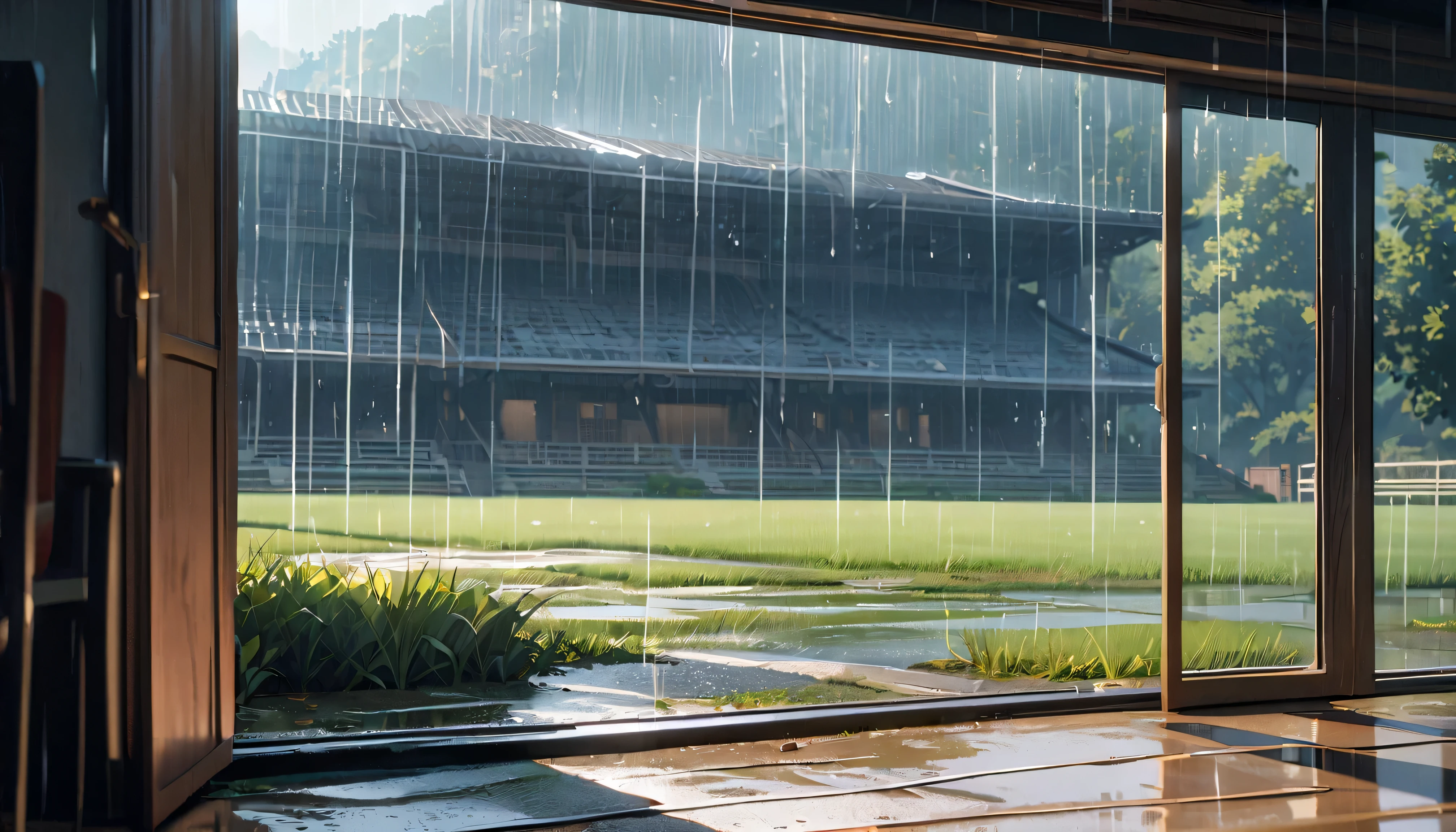 western school, running field in front, rain, downpour, wide entrance, beautiful light, cinematic light, reflections, mystery atmosphere, view from the entrace, garden on the sides of school, wide shot, UHD, highres, 4K, high details, super detail, masterpiece, best quality