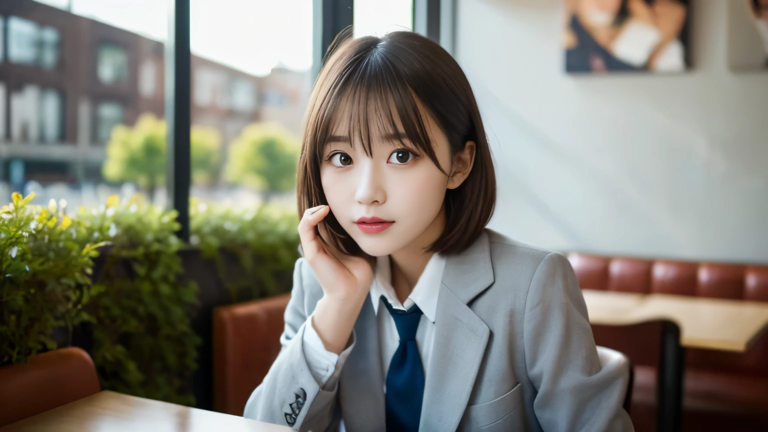 8K, highest quality, real image, intricate details, Super detailed, ultra high resolution, depth field,(realistic,realistic:1.2),table top , front shot , Photographed at a stylish cafe , girl, とても美しい17歳のgirl, innocent big eyes,、highly detailed eyes:1.2)、bangedium short hair, perfect skin, Fair skin, tight waist, light blush, look at the viewer,((School_uniform),(blazer), (white shirt、wear a tie), (gray pleated skirt), (sculpture installation :1.1), urban cafe space, Customers enjoying cafe around