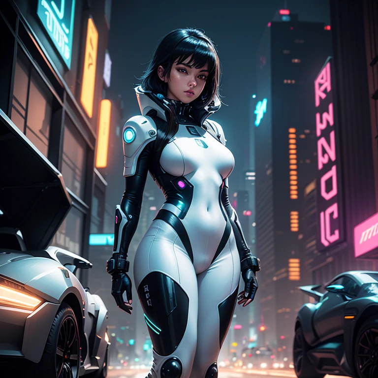 in a night alley of a futuristic city, standing near a futuristic motorcycle, a woman in a white bodysuit, in a cyberpunk style with neon lights and futuristic elements, in a bulletproof vest and a tight-fitting suit, with black hair, in full length, in a sci-fi cinematic style with sharp focus and studio lighting , light sly smile