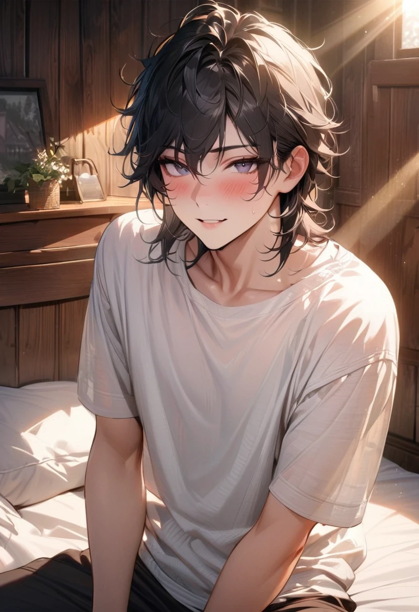 nordic young boy, cute face, seductive, best quality, masterpiece, translucent white tshirt name Shekhar golden hour, detailed textures, long braded hair, sitting on bed, posing, casual pose, wooden cottage, interior, [blush], aesthetic, intricate, caustics, light rays, sunlight,  highly detailed, (semi-realistic:1.2), niloudef, black hair