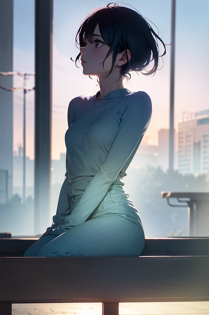 a man,(multiple exposure silhouette: 1.2),sitting on the bench in the park,perfect face,pale blue jumpsuit,black hair,extra short shaved hair,
beautiful lighting, volumetric lighting, (photographic portrait), sharp,
