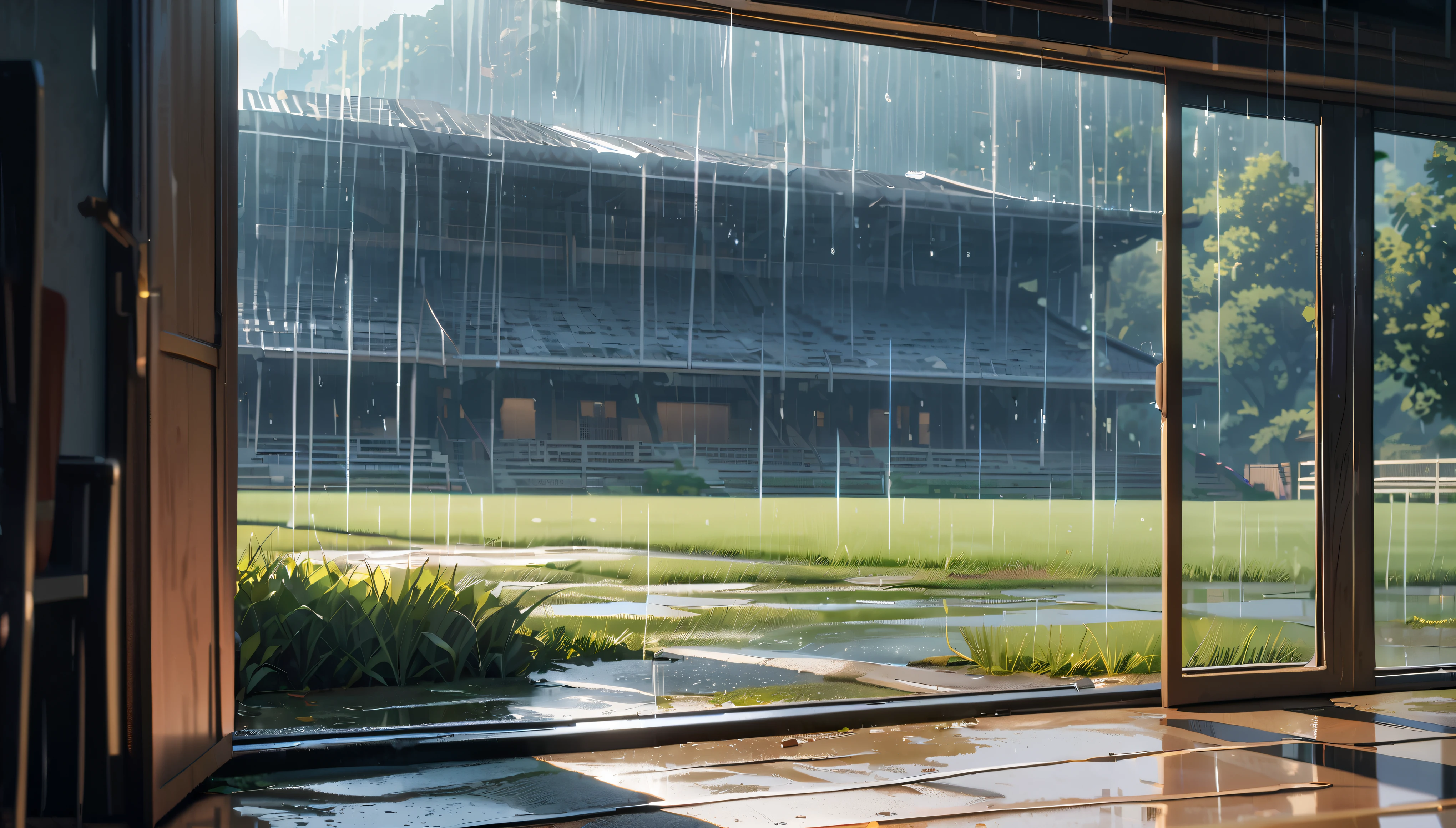 western school, running field in front, rain, downpour, wide entrance, beautiful light, cinematic light, reflections, mystery atmosphere, view from the entrace, garden on the sides of school, wide shot, UHD, highres, 4K, high details, super detail, masterpiece, best quality