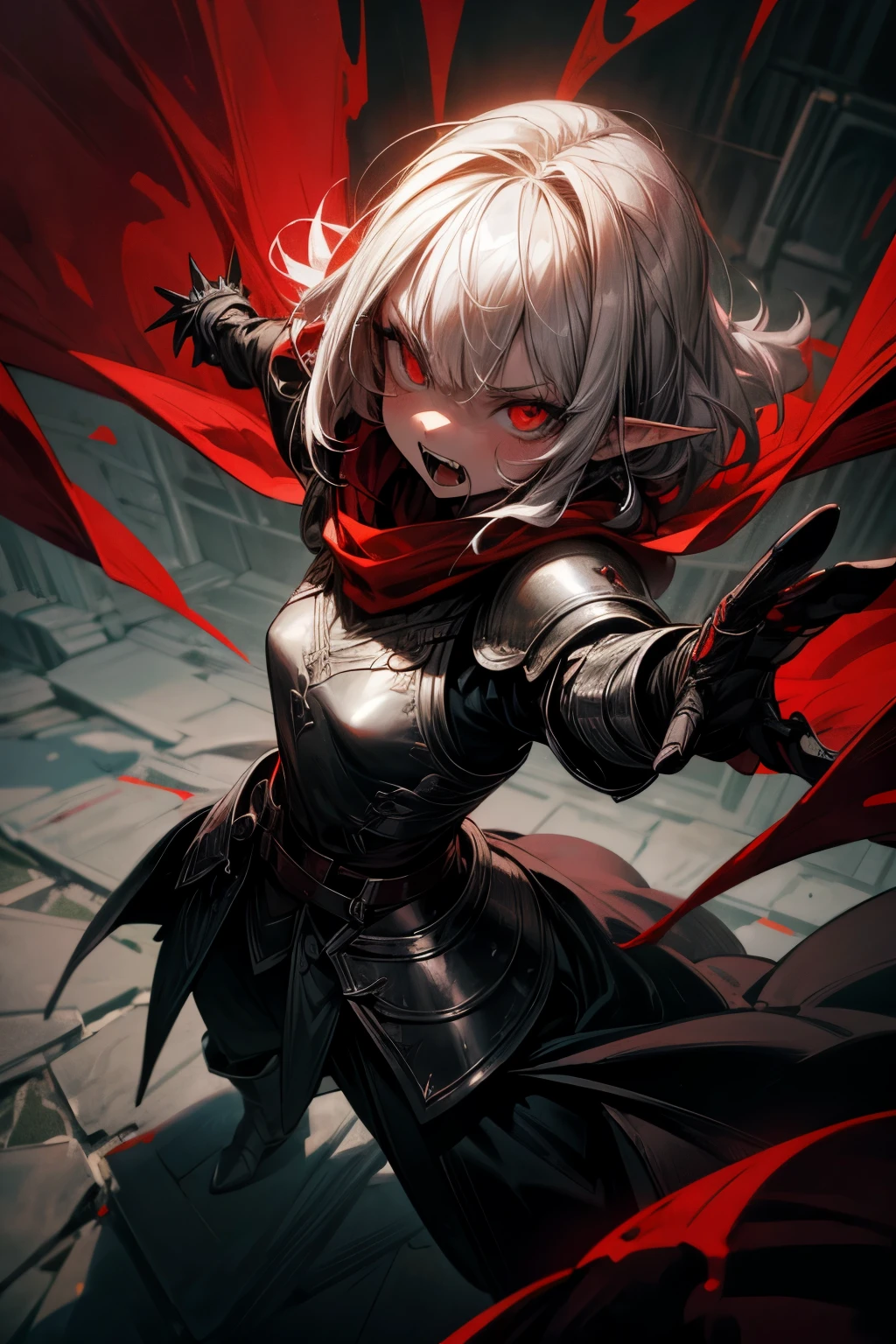 ((Best Quality, 8K, Masterpiece)), ((1woman, petite)), blood on face, flat color, limited palette, Perfectly Cute Girl, Delicate and smooth skin, Realistic skin, Perfect Beautiful Face, Perfect and Cute Face, (POV POV, View from above), short messy white hair, elf ears, sharp fangs, angry, open mouth, shouting, glowing eyes, assassin's metallic armor, cowl, black shawl, fully clothed, dark aura, dynamic pose, fighting stance, black and red, two tone, dark hue, red hue, high contrast, dark lighting