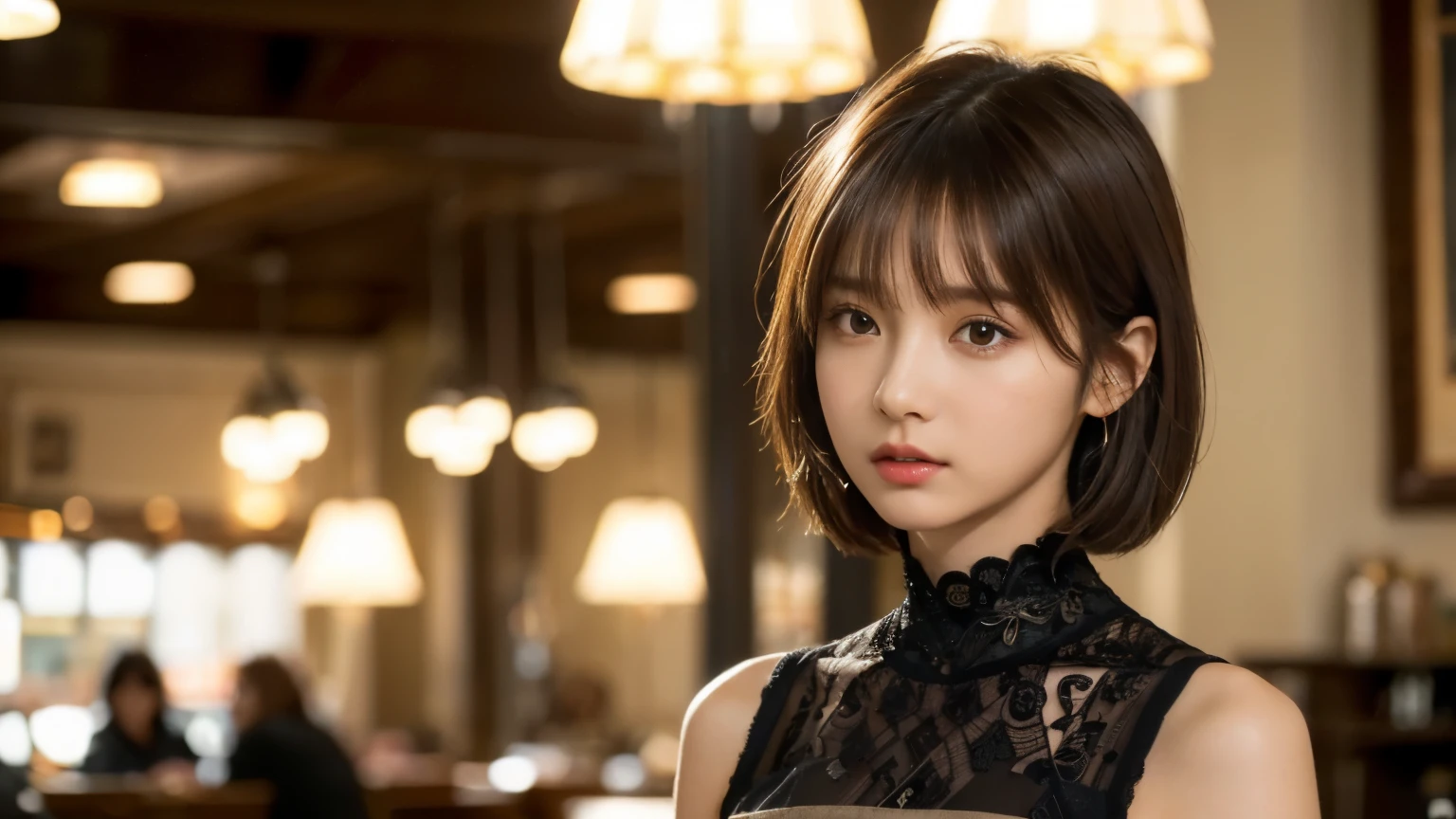 (masterpiece, super detailed, very detailed, exquisite, 16k, disorganized), woman, 19 years old, glamorous, (Suppin breeze:1.4), looking at the viewer, short hair, messy hair, diagonal bangs, brown hair, brown eyes, Upper body, cinematic lighting, Blurry background in focus, Inside a stylish cafe, Urban Cafe