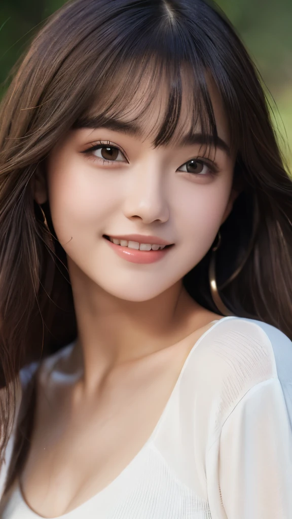 highest quality,photo quality,8K,ultra high resolution,professional lighting,18-year-old,The most beautiful student,Detailed drawn face,short bangs,(clothes with open chest:1.3）,realistic skin,long hair,black eye,Beautiful waist,Smile,