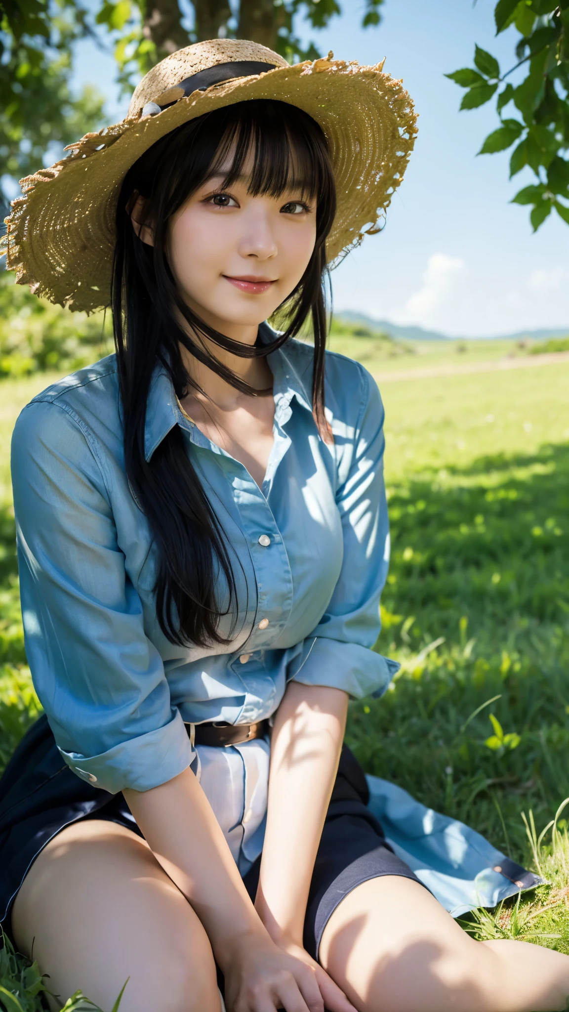 (highest quality,masterpiece:1.3,ultra high resolution),(Super detailed,caustics,8k),(photorealistic:1.4,RAW shooting),18-year-old,cute,Japanese,straw hat,Black Hair Middle Hair,(one piece),(smile),looking at the camera,blue sky,sun,Backlight,(top of the hill),(Tall green grassland:1.1),(sitting in the grass),(ground level shot:1.1),(shot from the waist up),(face focus),(face close up),(low position:1.1),(Low - Angle:1.1),Natural light