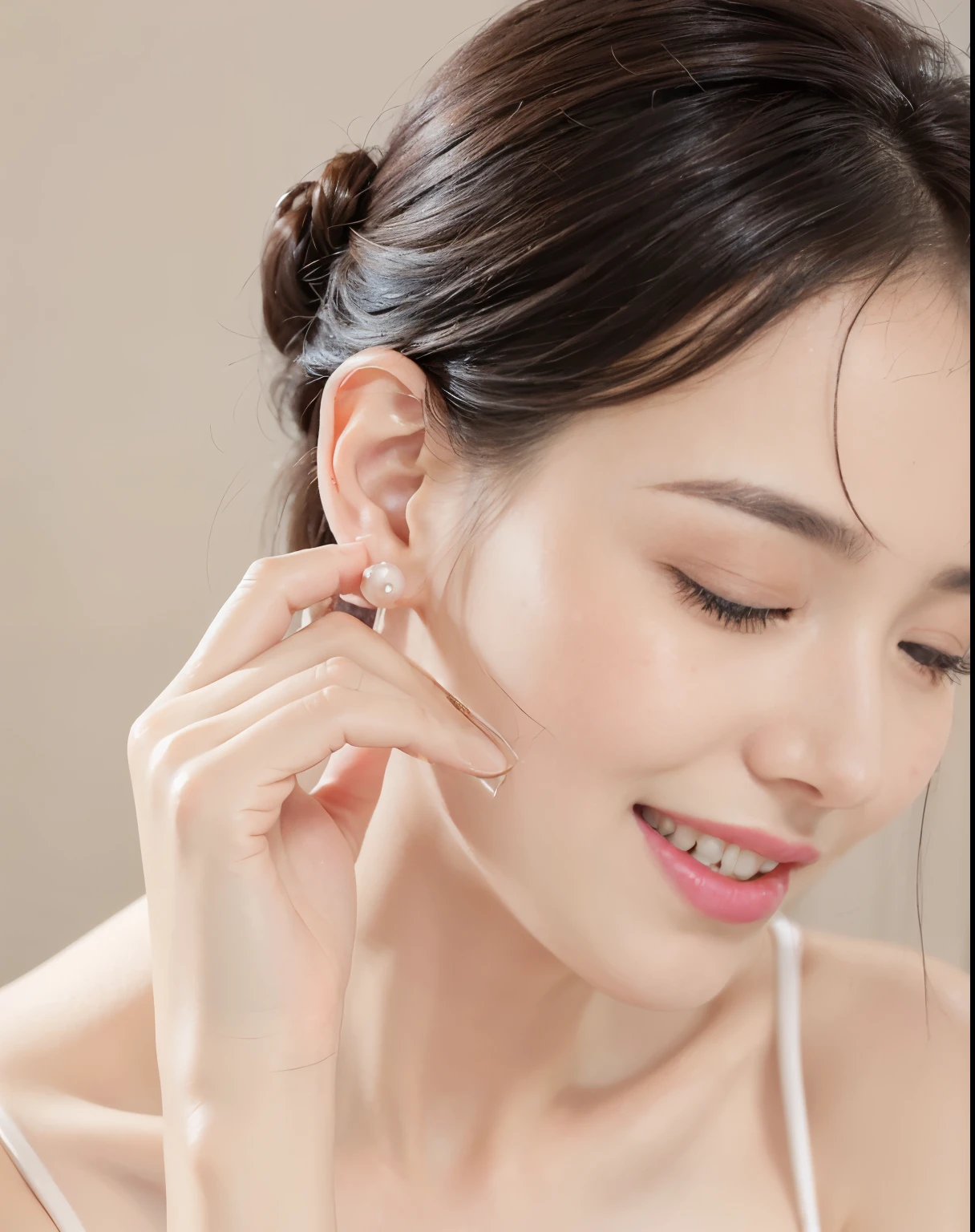 A lady smiled and covered her ears, Smooth porcelain skin, Glossy, Smooth and glowing skin, side view, side view, shiny skin, side view, smooth body features, glowing porcelain skin, Light milky white porcelain skin, milky white skin, 3/4 side view, side view, wearing pearl earrings, Clear jawline