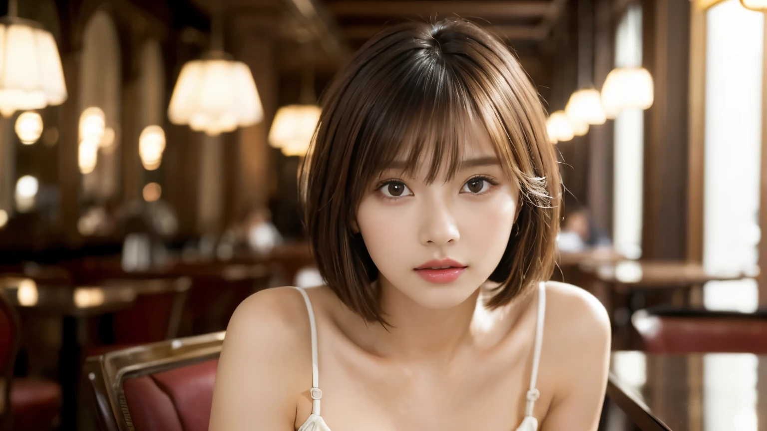 (masterpiece, super detailed, very detailed, exquisite, 16k, disorganized), woman, 19 years old, glamorous, (Suppin breeze:1.4), looking at the viewer, short hair, messy hair, diagonal bangs, brown hair, brown eyes, Upper body, cinematic lighting, Blurry background in focus, Inside a stylish cafe, Urban Cafe 