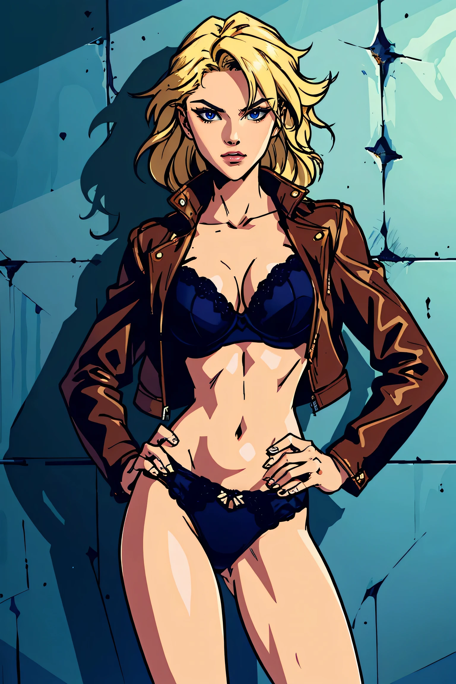 ((Masterpiece)), ((best quality)), very detailed, Detailed background, 1 woman, messy blonde hair , sly face , naked , Slim-fit leather jacket , abdomen, big breasts , underwear , Put your hands on your hips. , wall