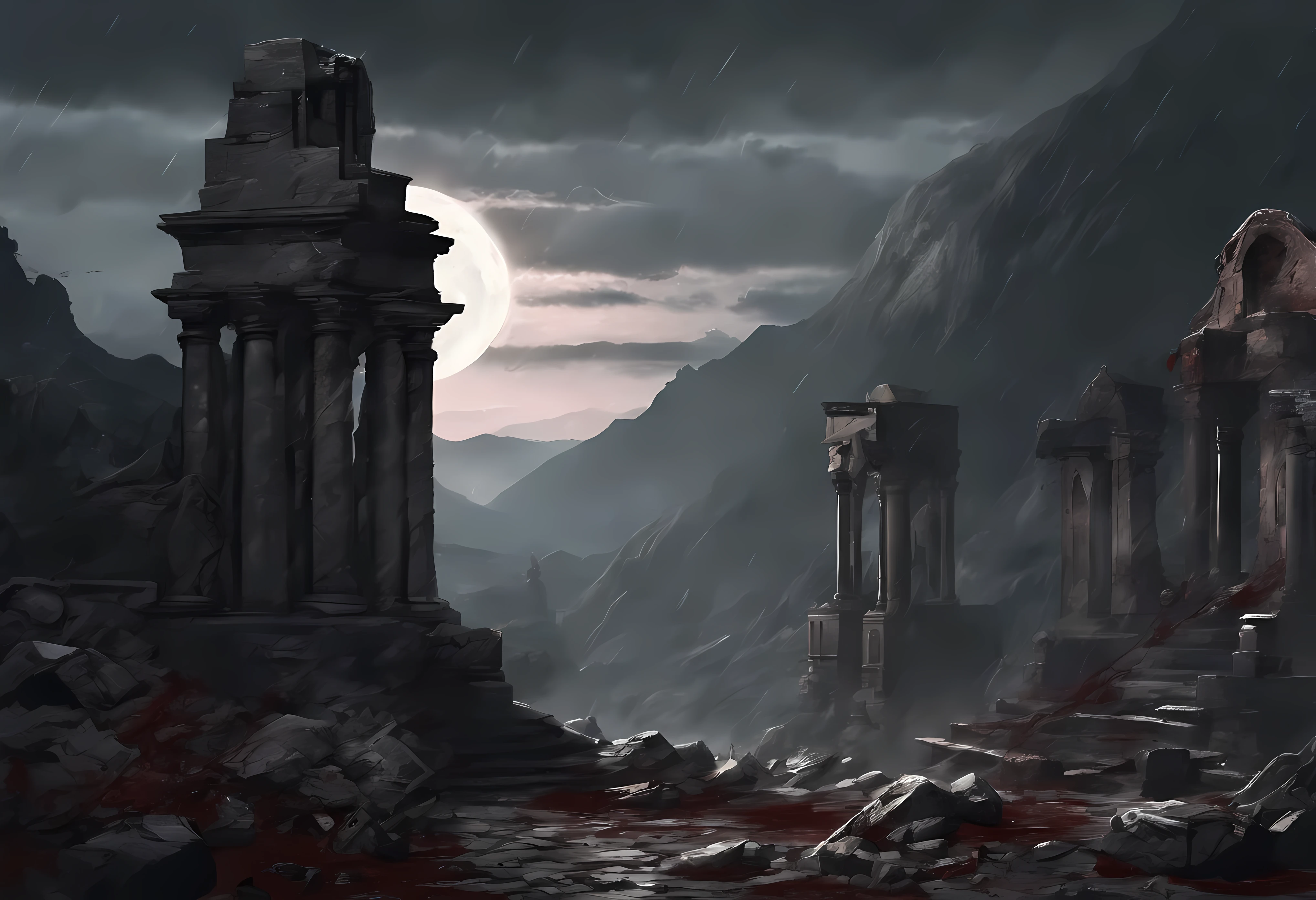 (masterpiece, detailed, highres, mountainous background, rain, heavily cloudy, nighttime, moon:1.3), (sad atmosphere, haze, depressing, gravestones:1.4), (dried bloodstains:1.6), (ancient ruins, ruins in side of mountain, large buildings, large staircases, landscape:1.7)